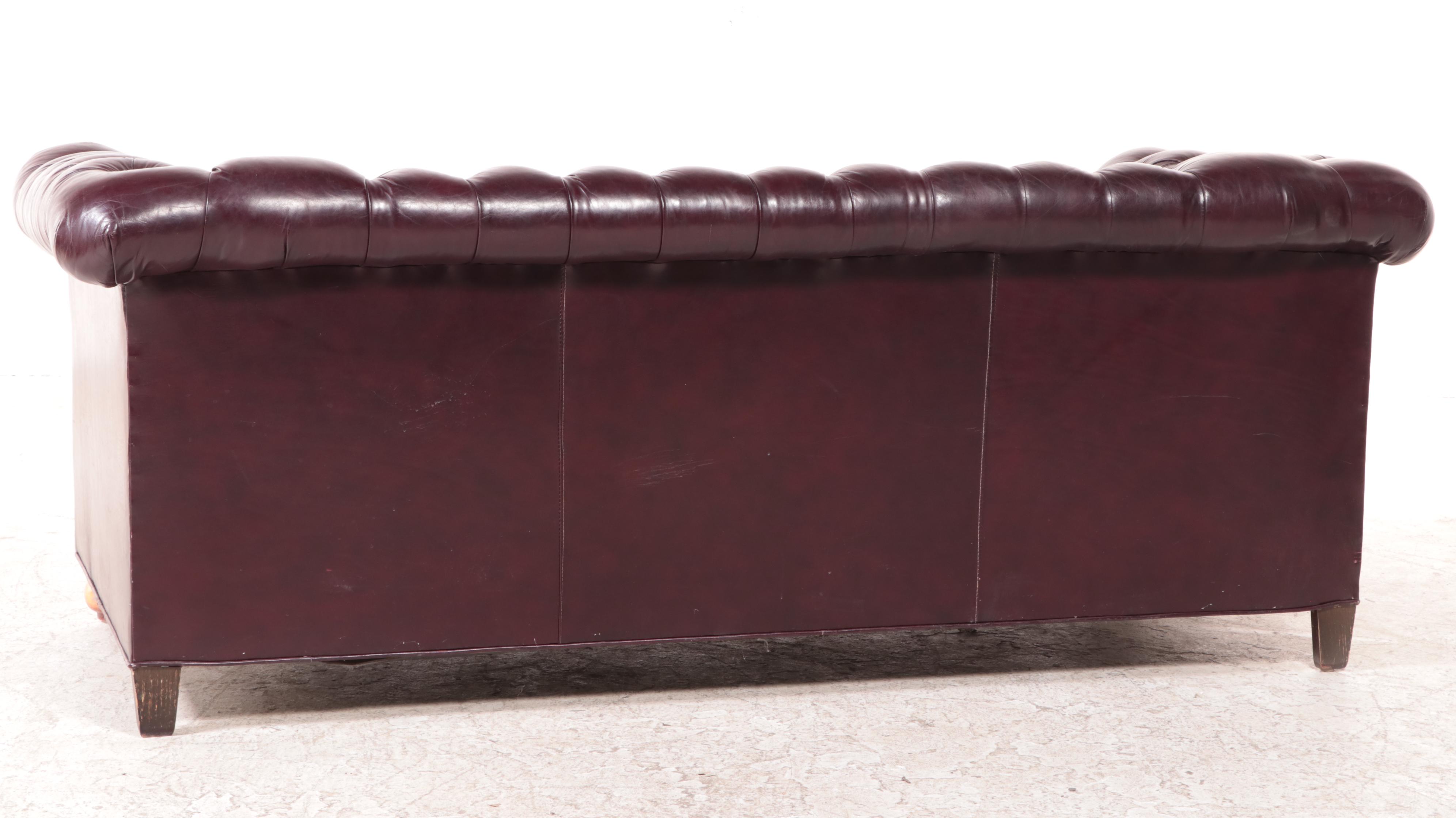 Burgundy Leather Chesterfield Sofa with Nailhead Trim, Late 20th Century