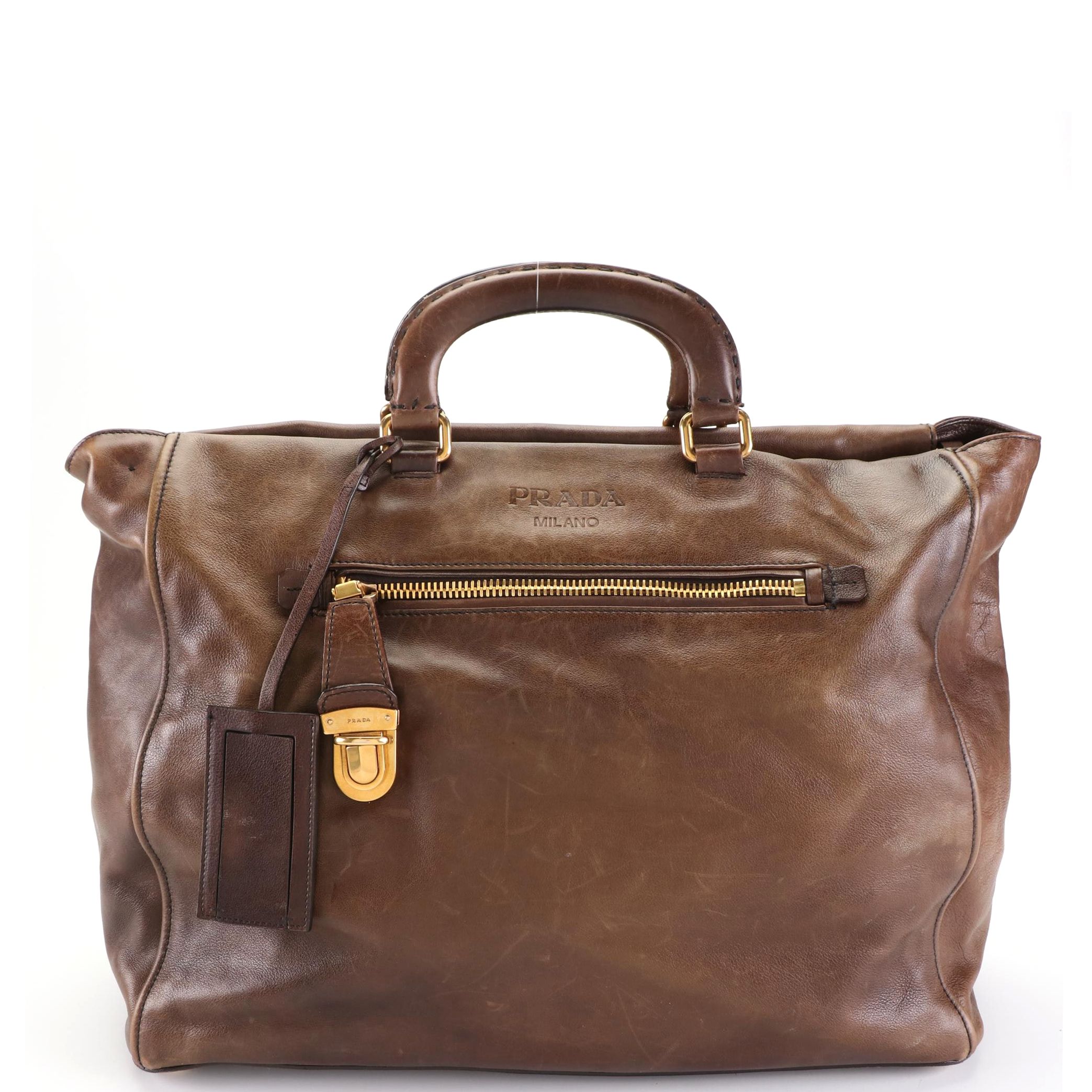 Prada Large Two-Way Shoulder Bag in Brown Leather