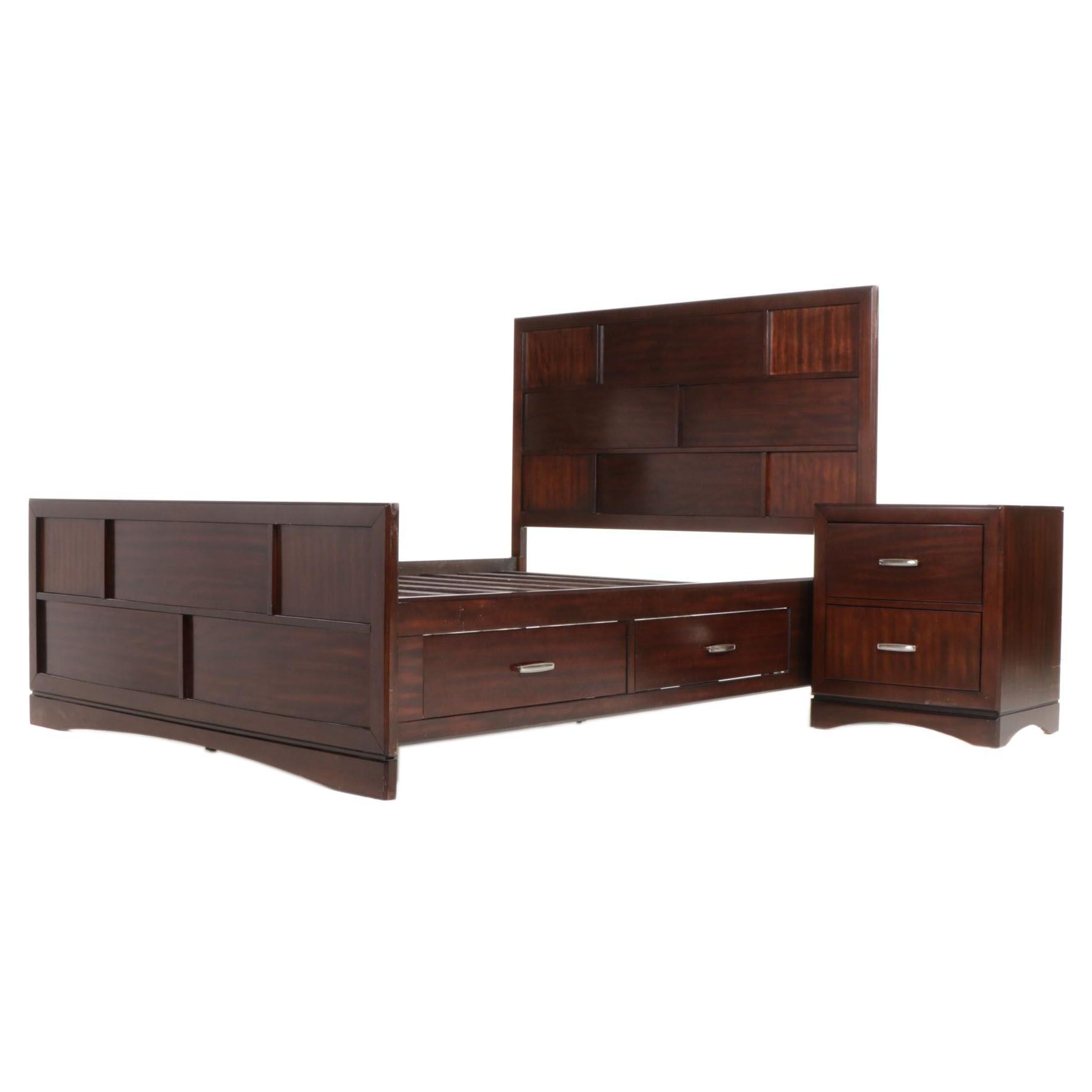 Najarian "Toronto" Pecan-Stained Queen Size Bed Frame with Two-Drawer Nightstand