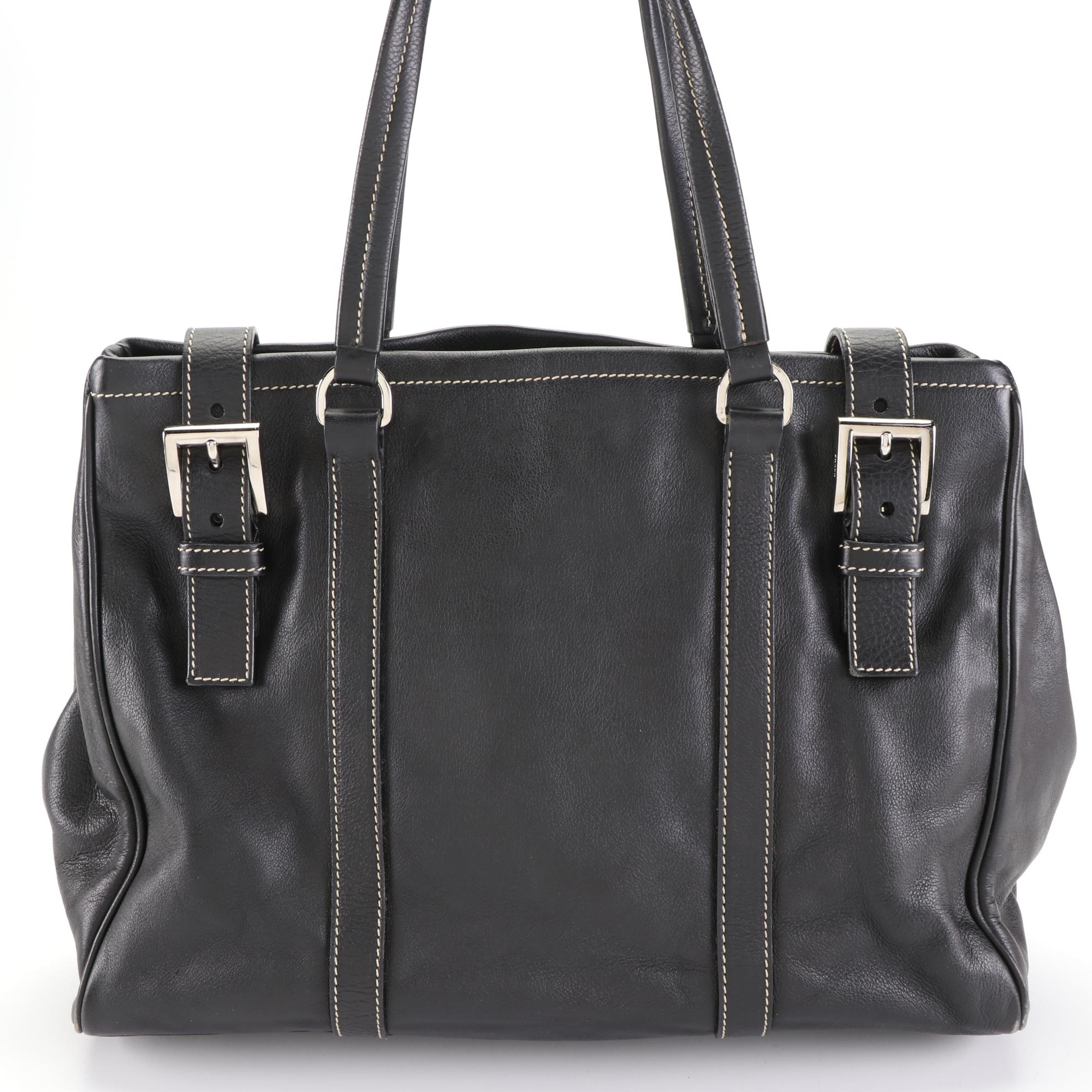Prada Shoulder Tote in Black Leather with Contrast Stitching