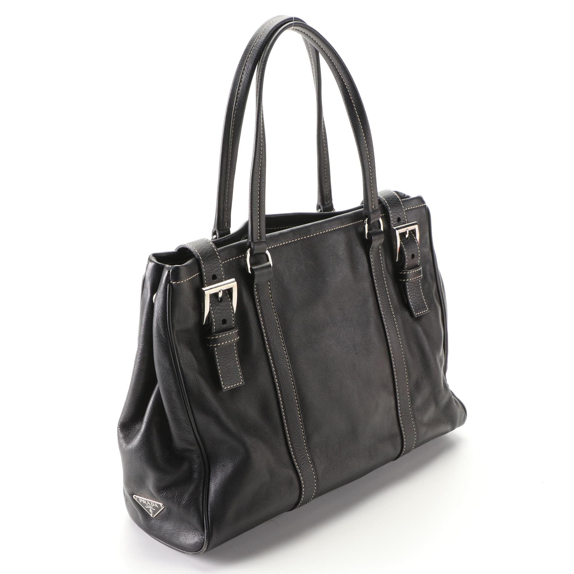 Prada Shoulder Tote in Black Leather with Contrast Stitching