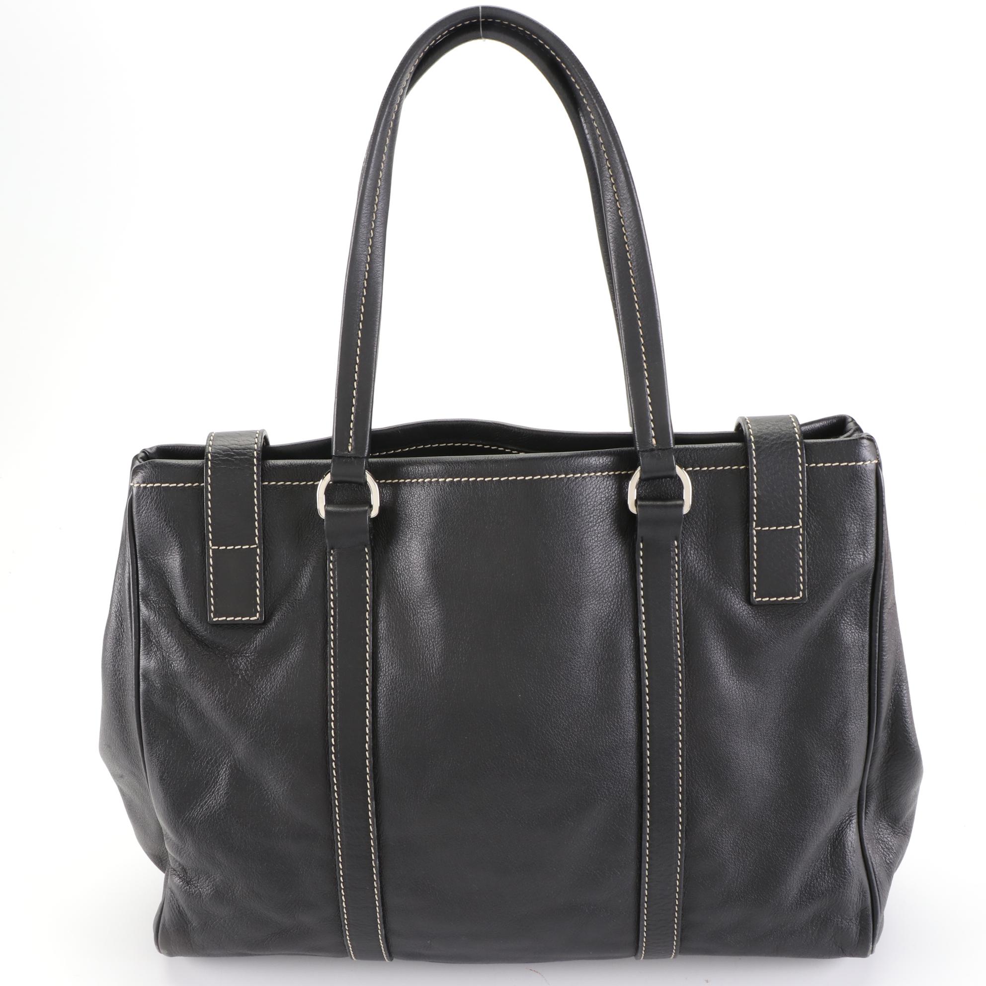 Prada Shoulder Tote in Black Leather with Contrast Stitching
