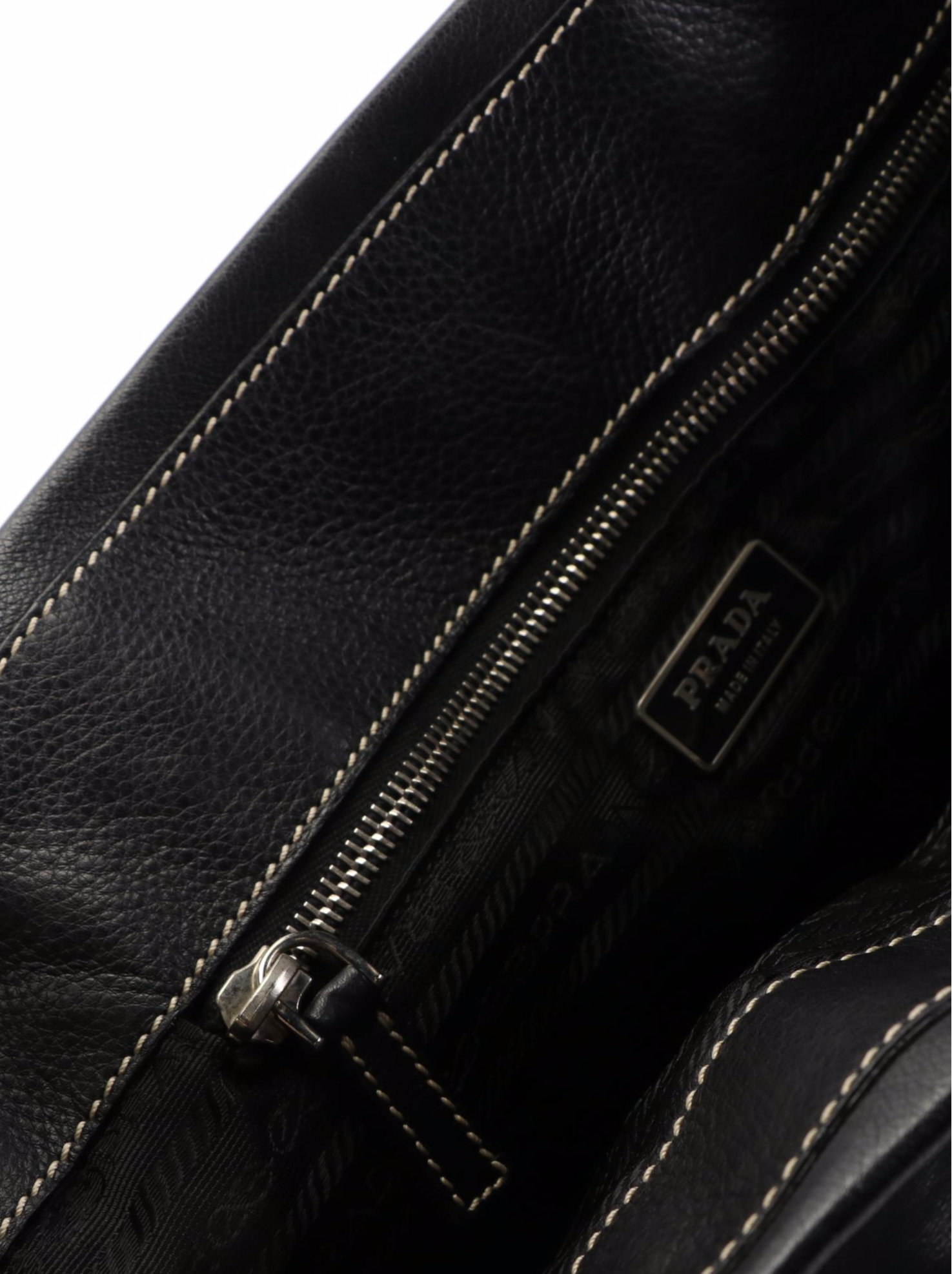 Prada Shoulder Tote in Black Leather with Contrast Stitching