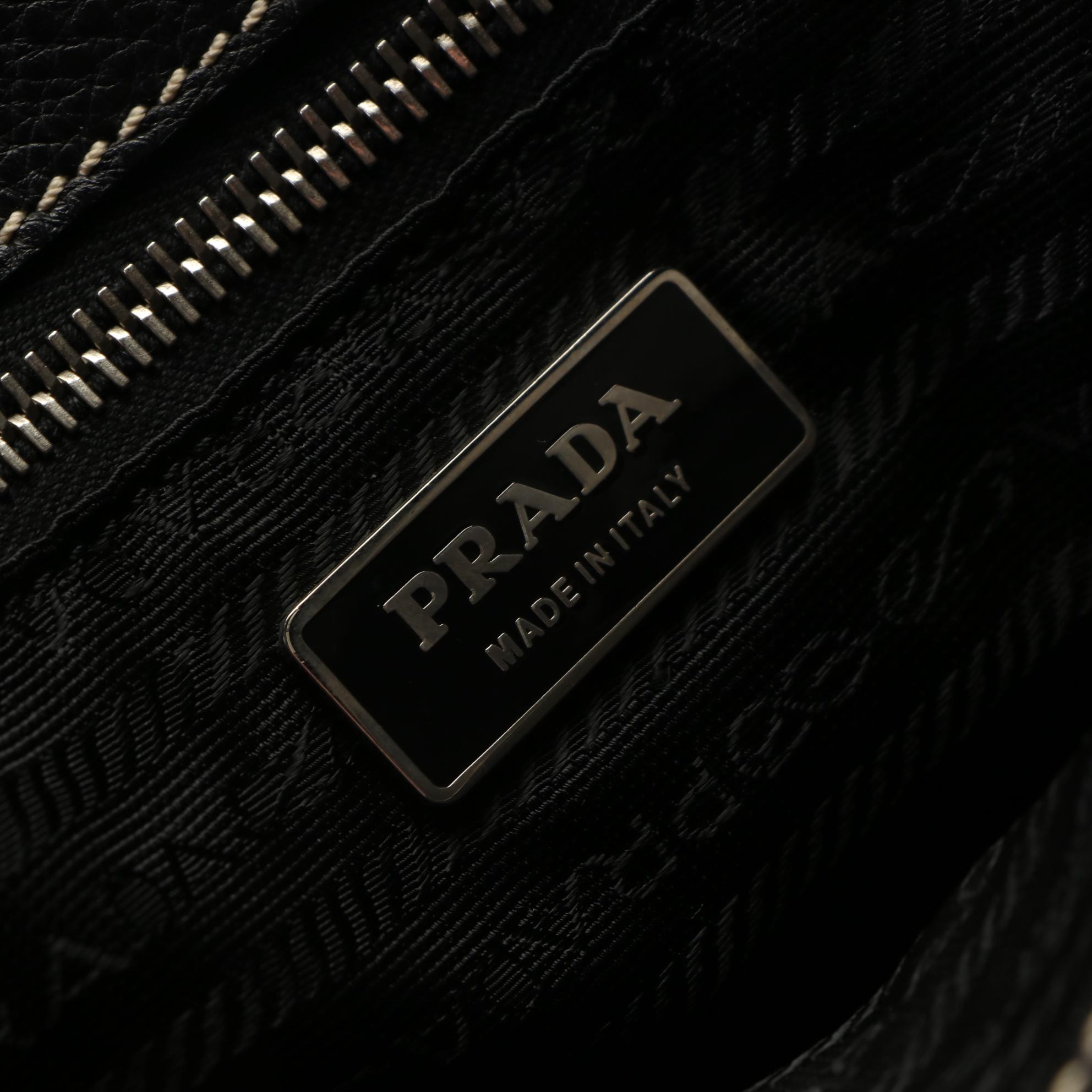 Prada Shoulder Tote in Black Leather with Contrast Stitching