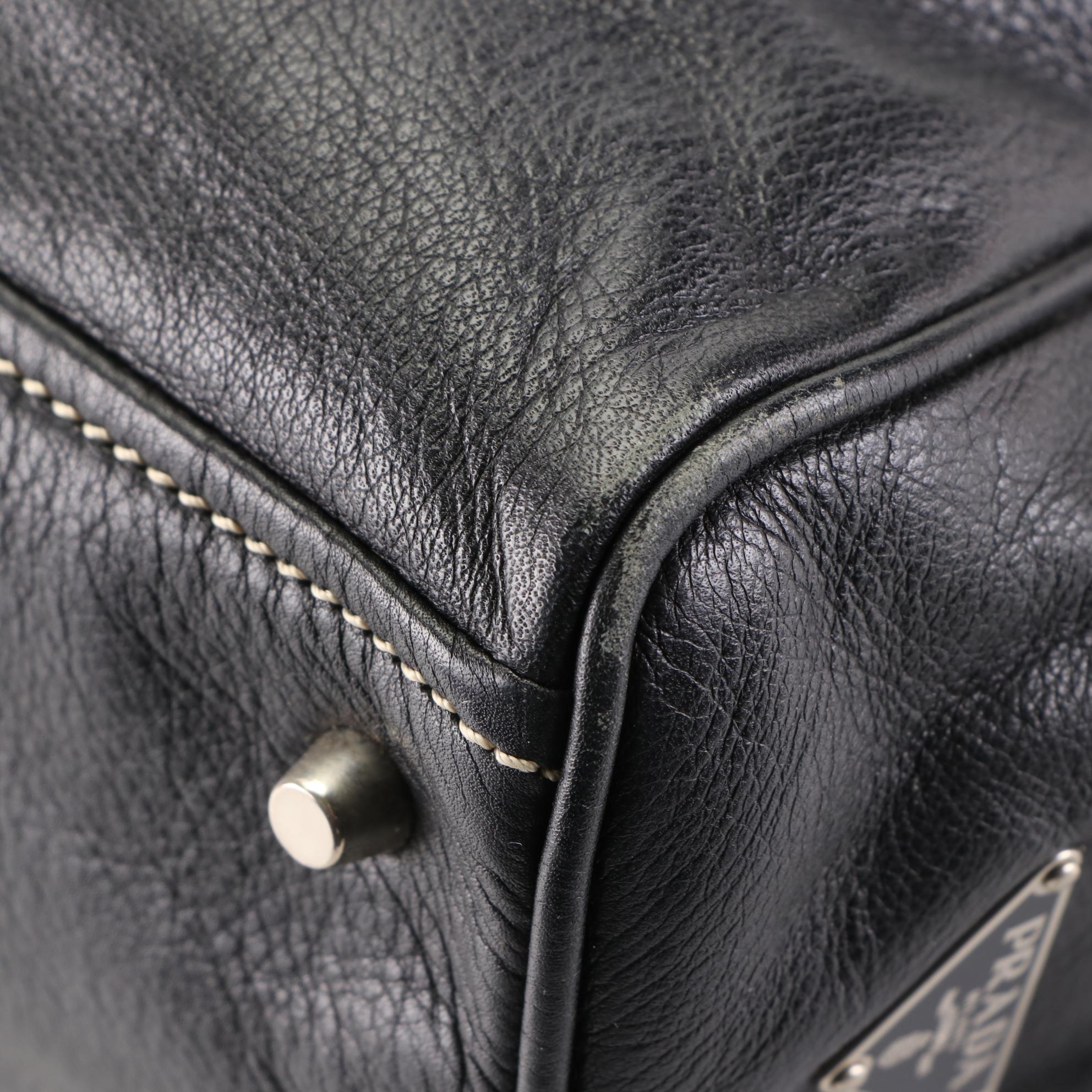 Prada Shoulder Tote in Black Leather with Contrast Stitching