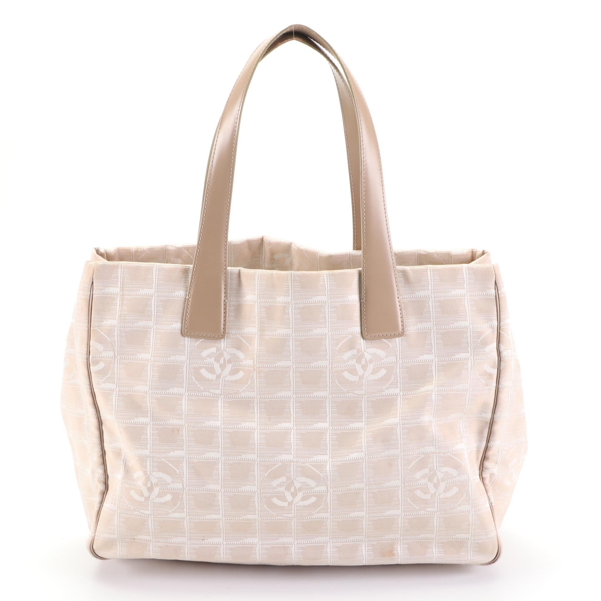 Chanel Travel Line Tote Bag in Beige Jacquard Canvas and Leather