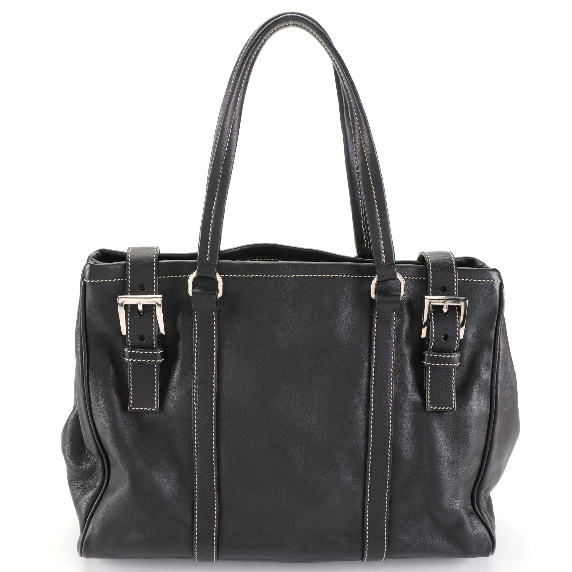 Prada Shoulder Tote in Black Leather with Contrast Stitching
