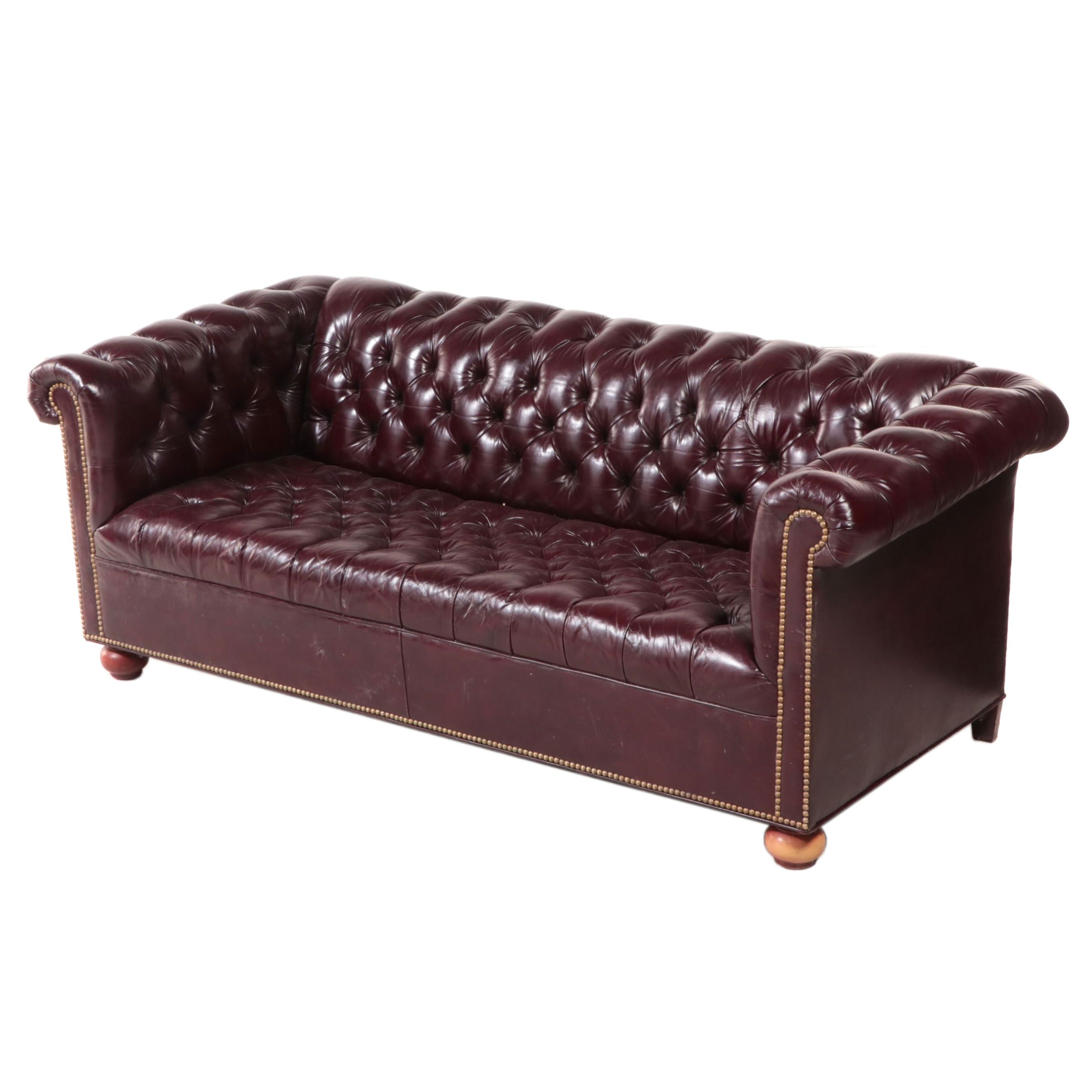 Burgundy Leather Chesterfield Sofa with Nailhead Trim, Late 20th Century
