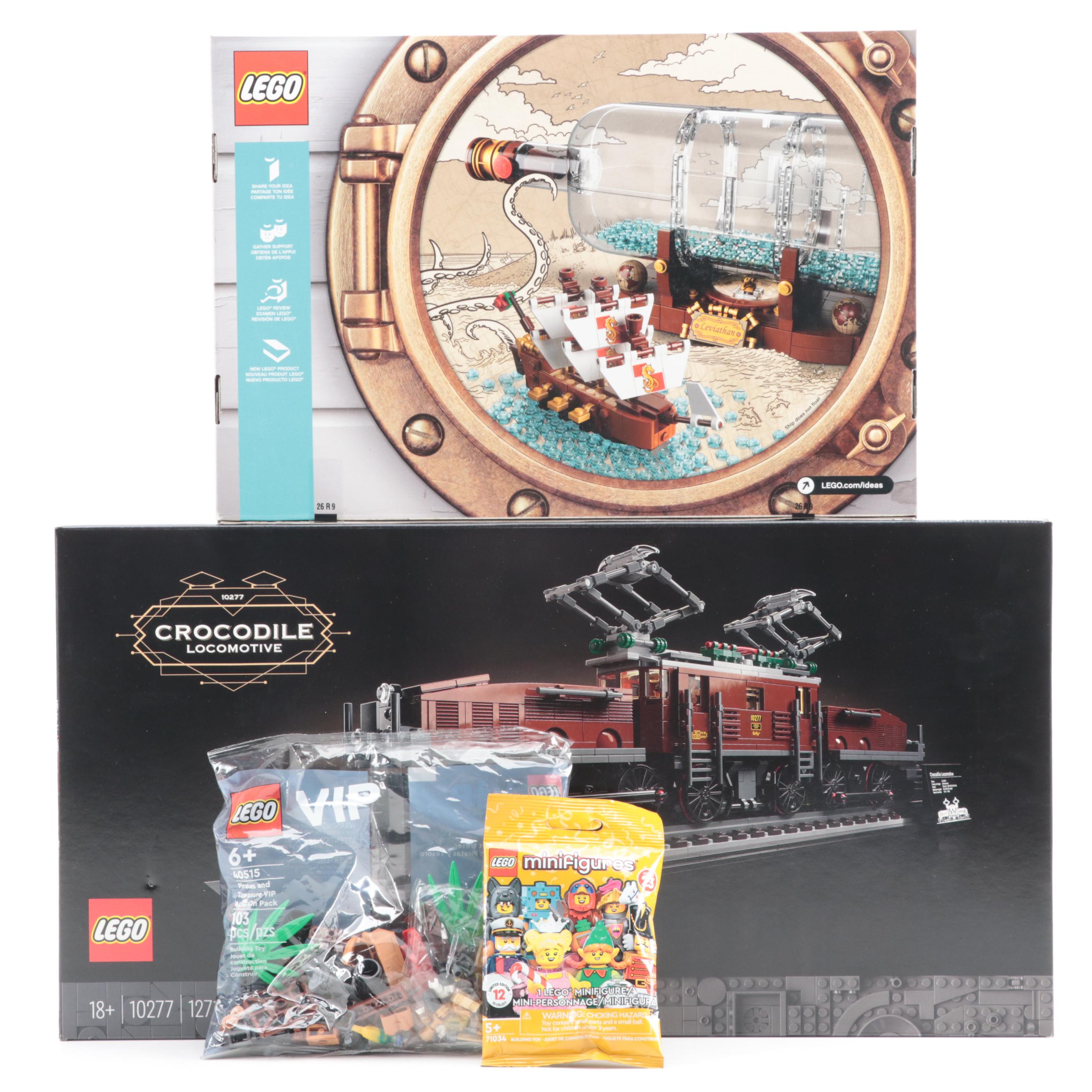 LEGO Crocodile Locomotive, Ship in a Bottle, Minifigures and More Toy Sets