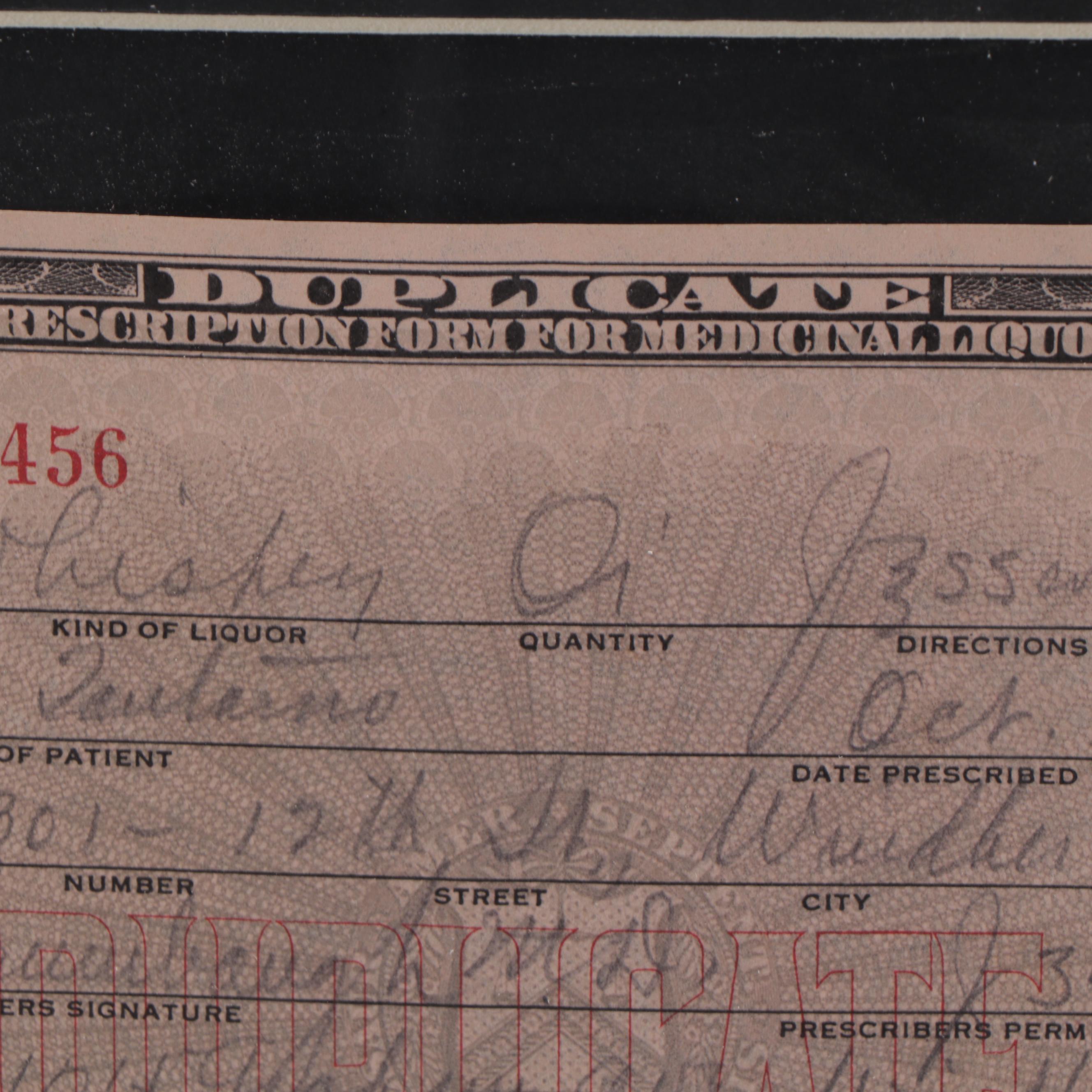 National Prohibition Act Medicinal Liquor Prescription Form, 1928