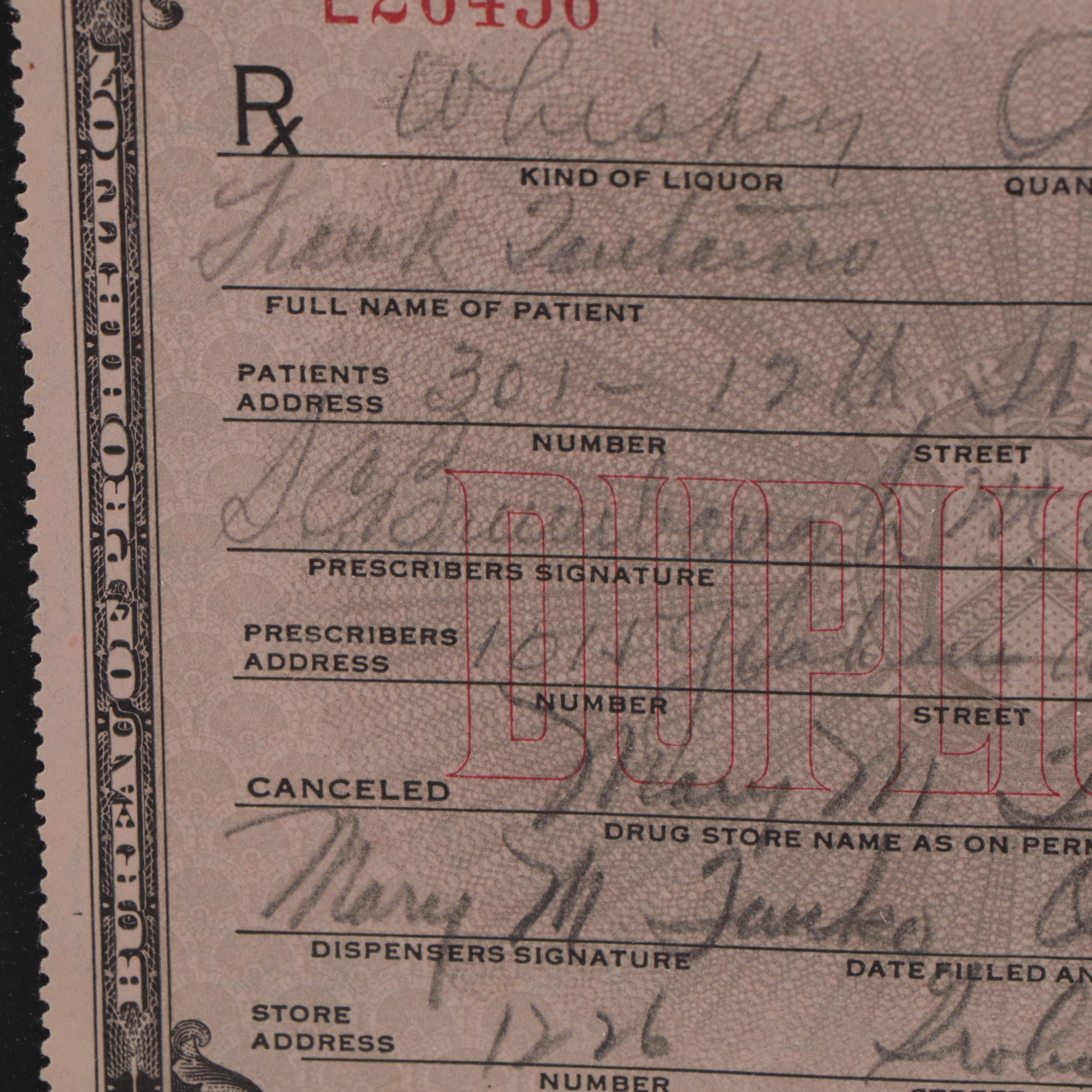 National Prohibition Act Medicinal Liquor Prescription Form, 1928