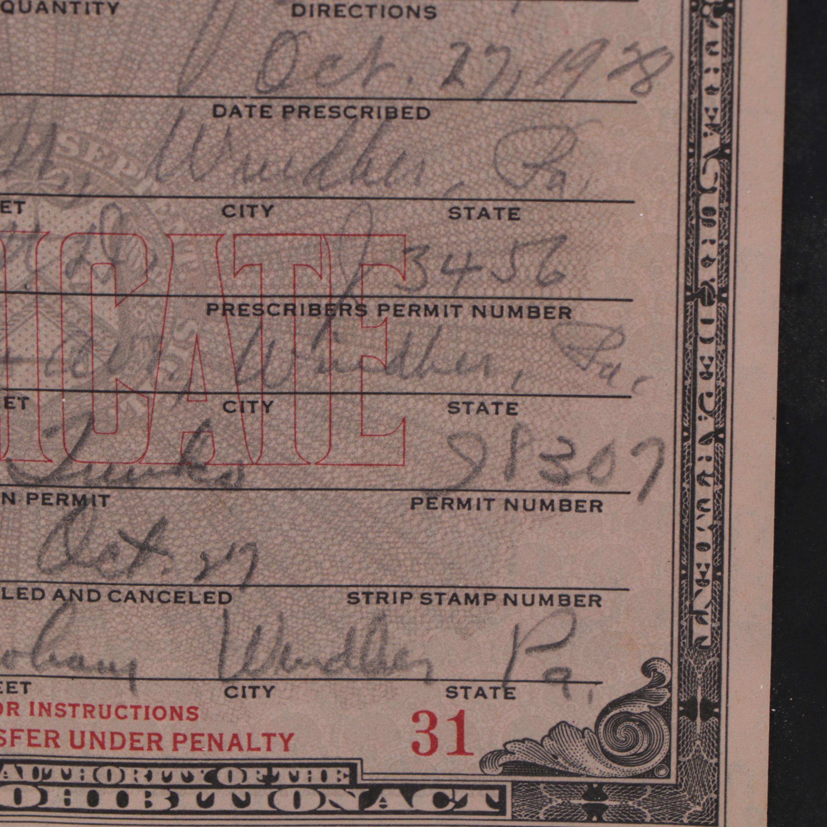 National Prohibition Act Medicinal Liquor Prescription Form, 1928