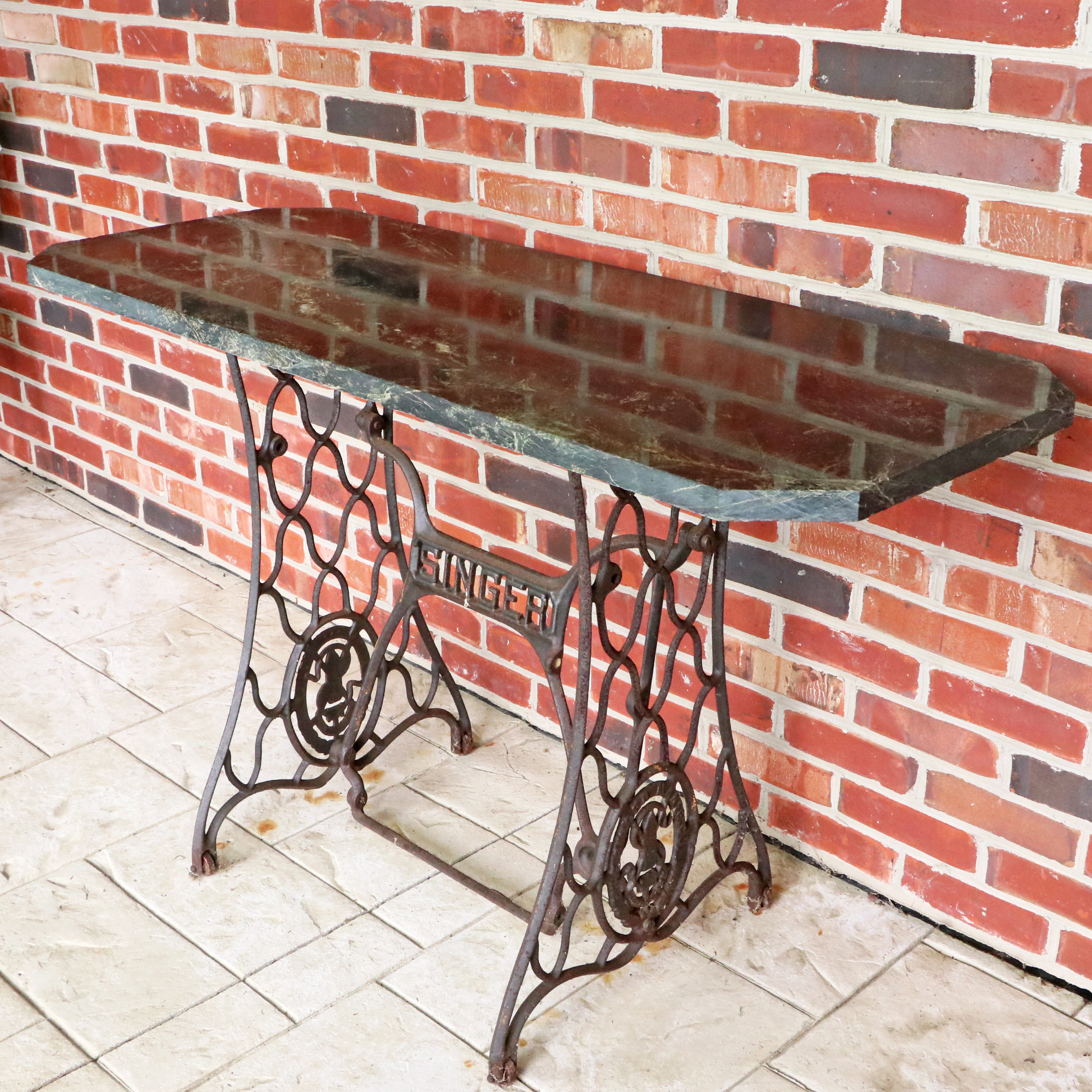 Green Marble Slab Table with Singer Cast Iron Treadle Base