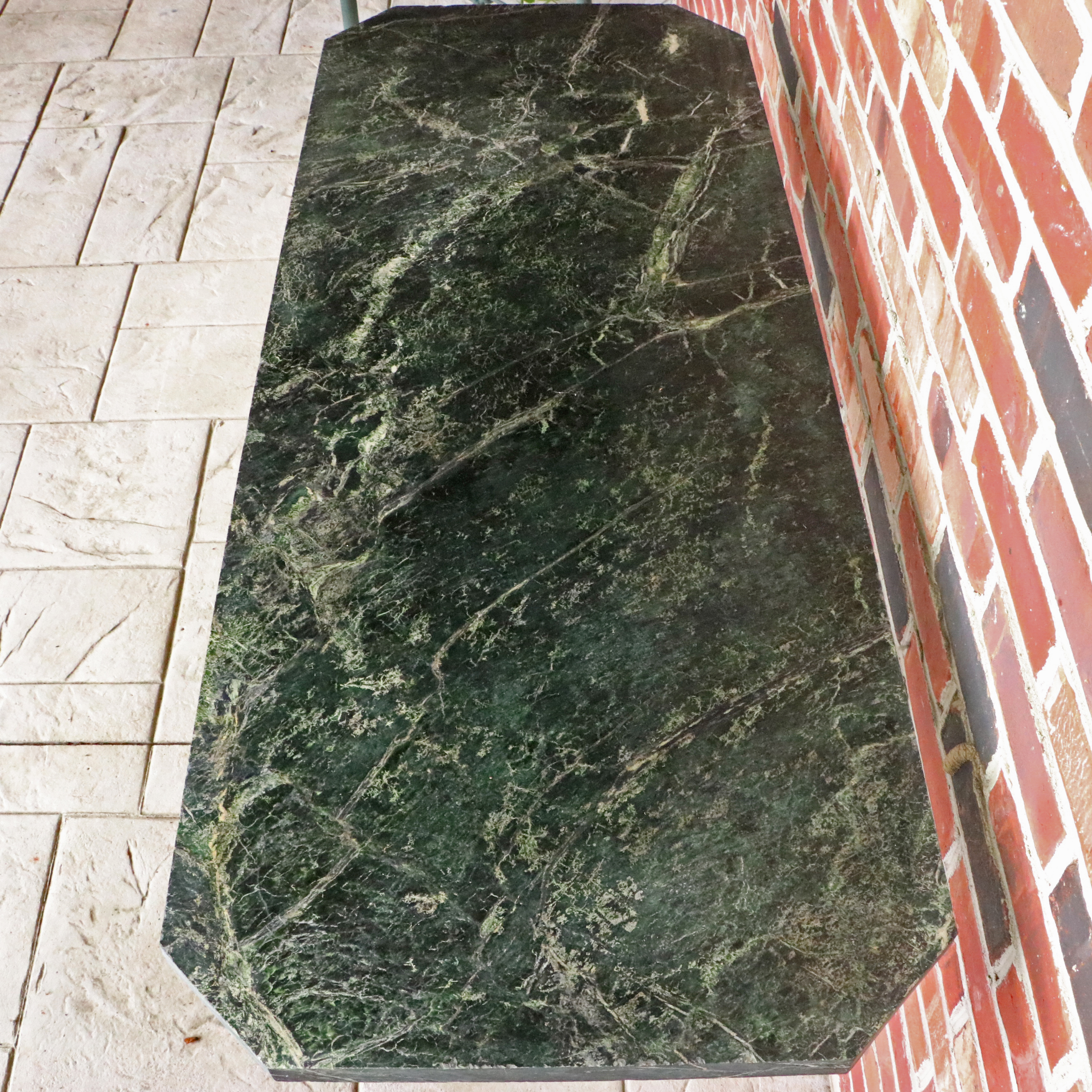 Green Marble Slab Table with Singer Cast Iron Treadle Base