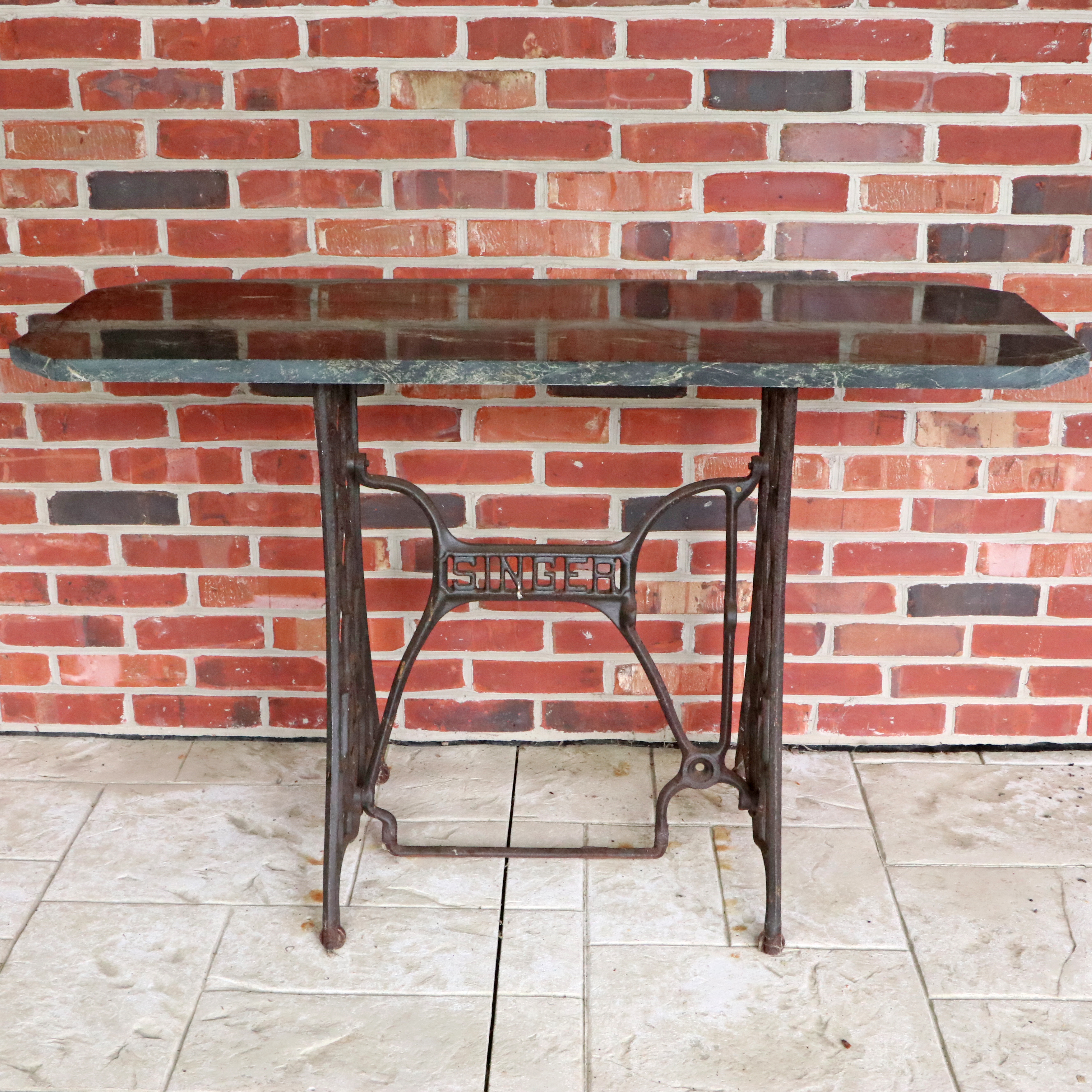 Green Marble Slab Table with Singer Cast Iron Treadle Base
