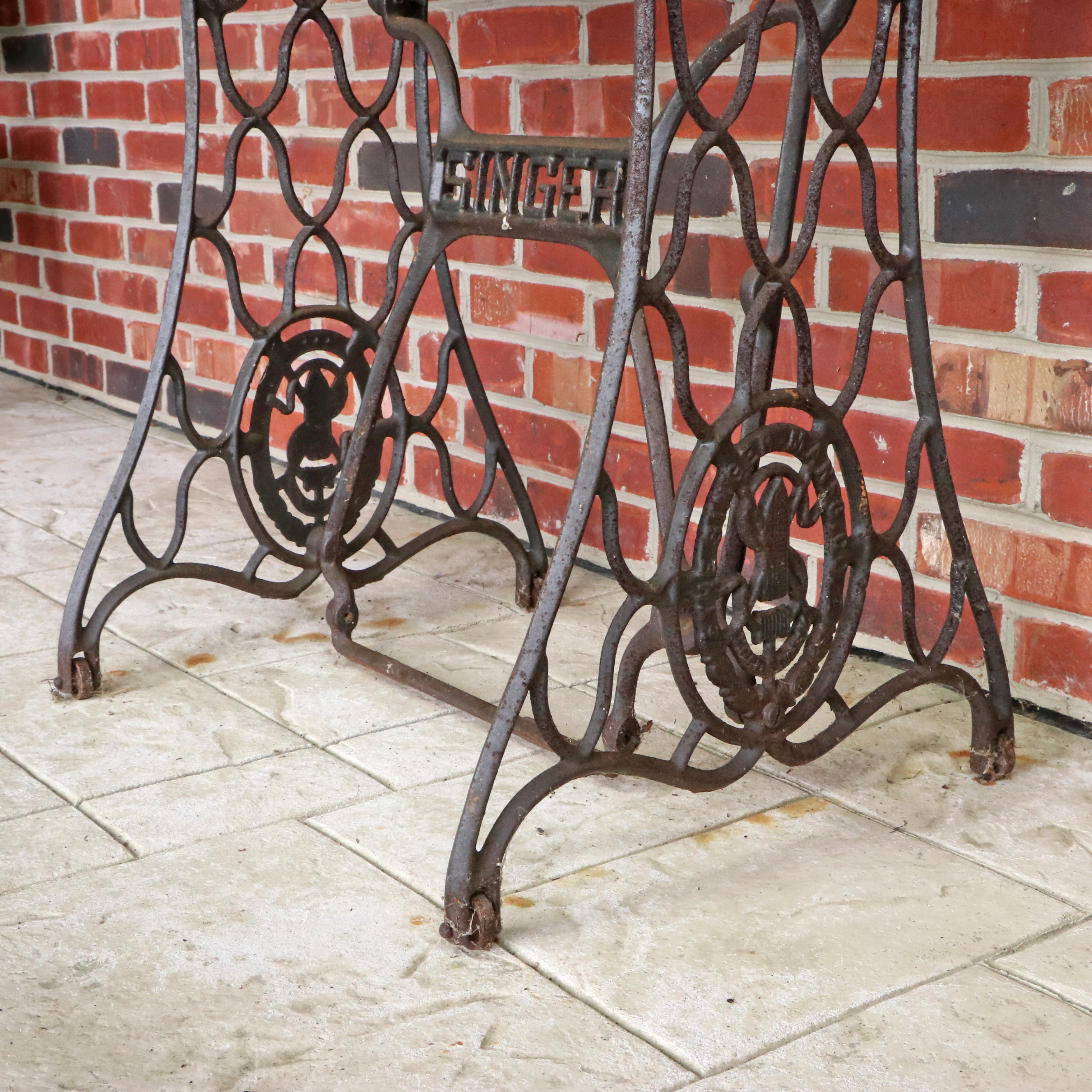 Green Marble Slab Table with Singer Cast Iron Treadle Base