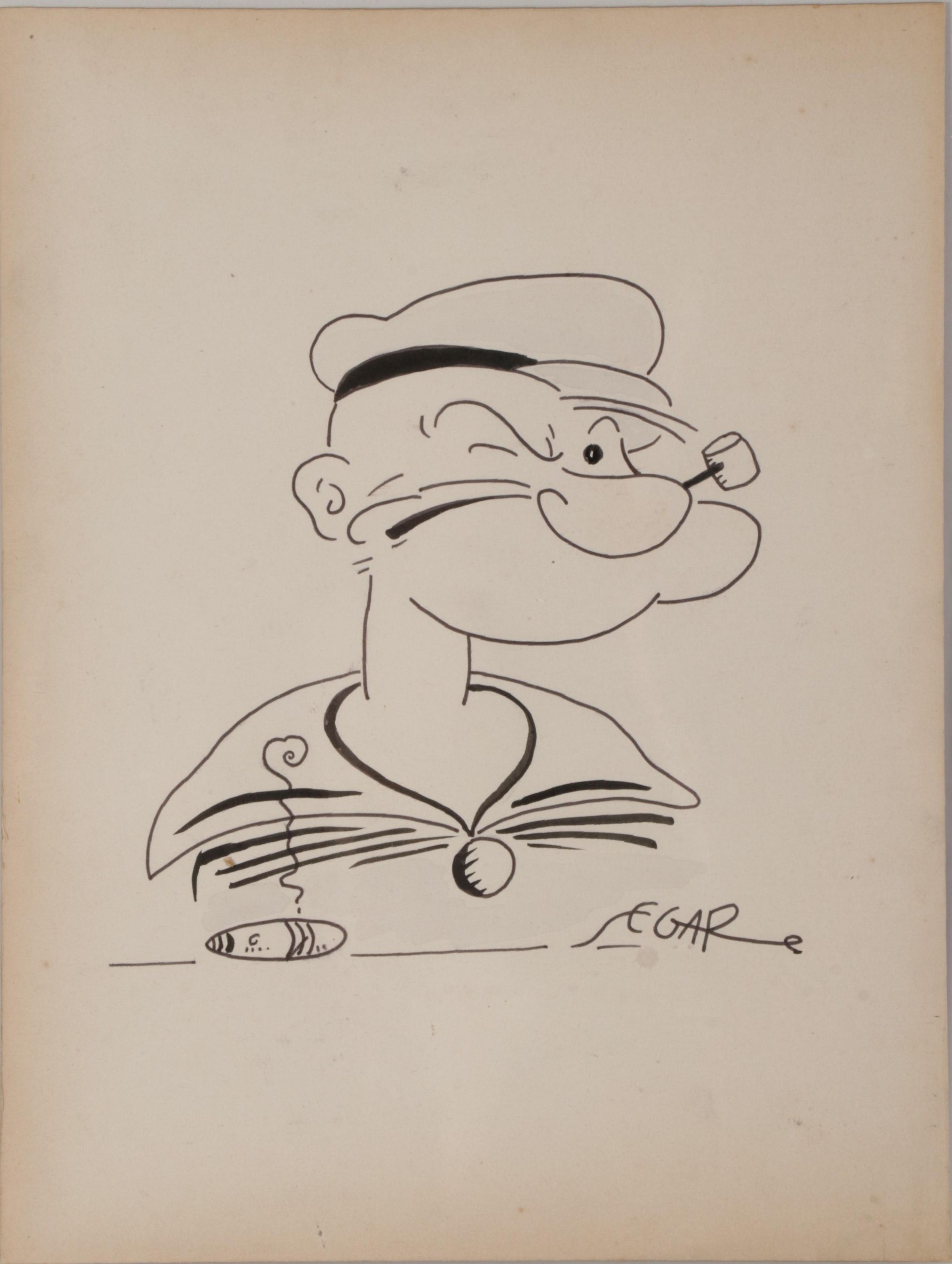 Elzie Crisler Segar Ink Drawing of Popeye Sketch, Early-Mid 20th Century