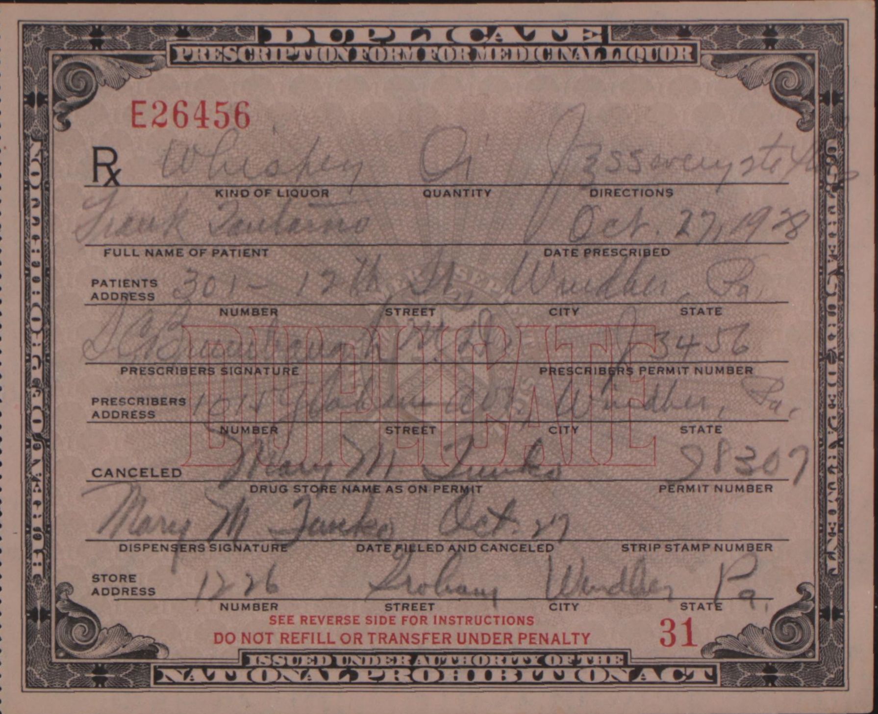National Prohibition Act Medicinal Liquor Prescription Form, 1928