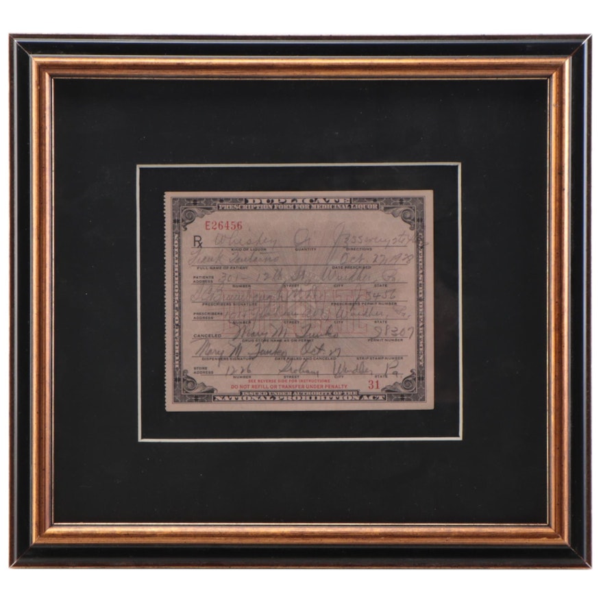 National Prohibition Act Medicinal Liquor Prescription Form, 1928