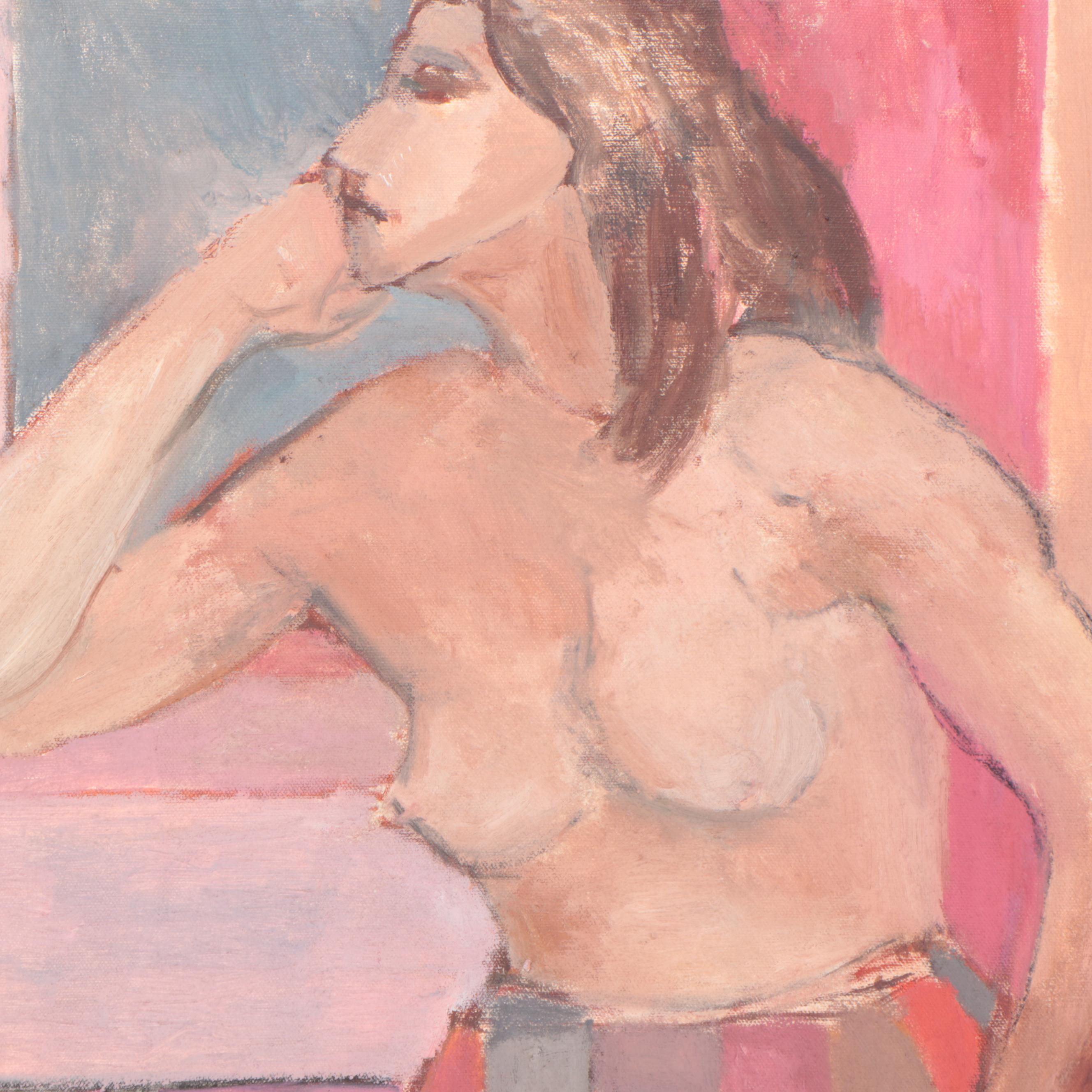 Modernist Oil Painting of Seated Figure Looking Out Window