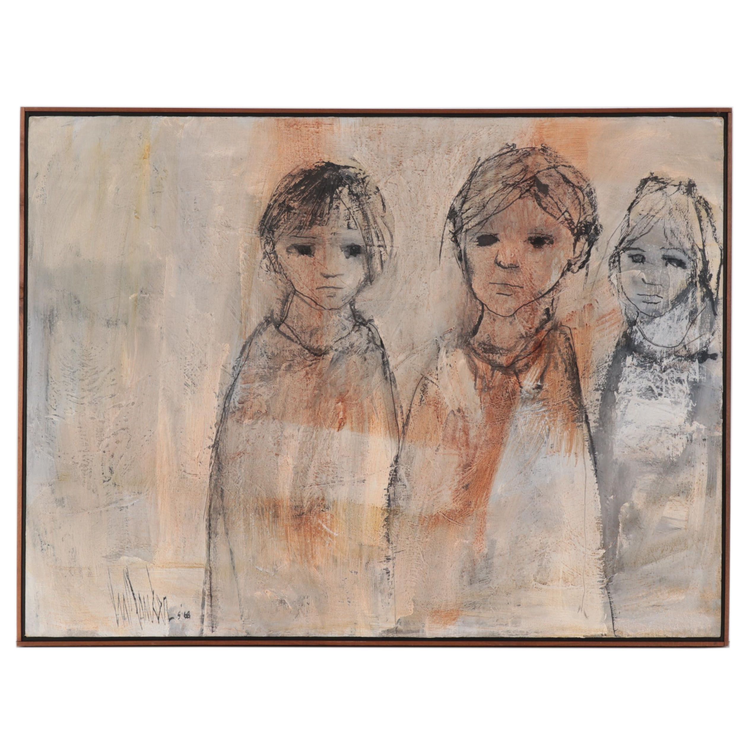 Gino Hollander Abstract Figural Mixed Media Painting, 1968