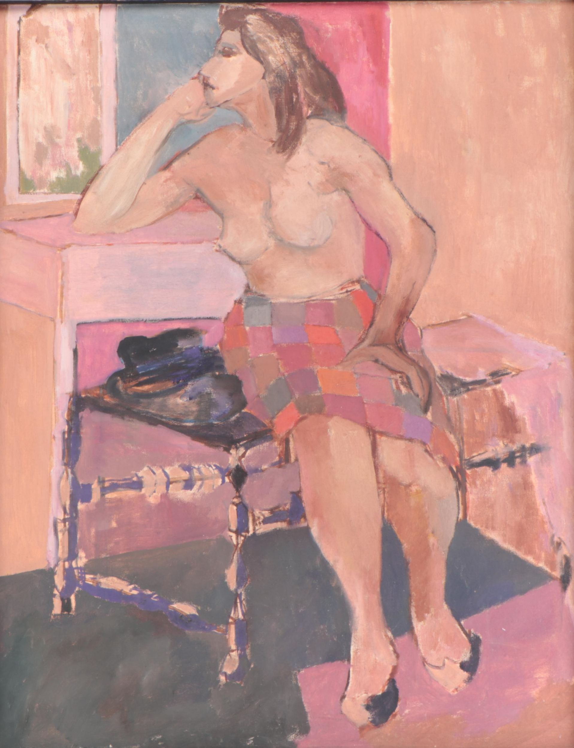 Modernist Oil Painting of Seated Figure Looking Out Window