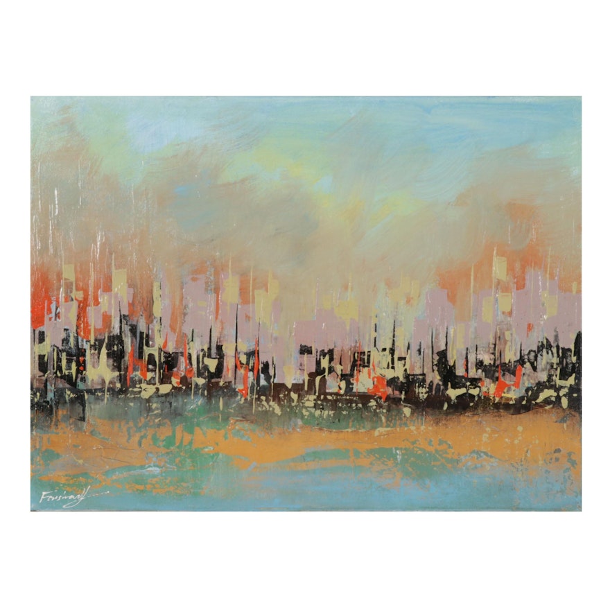 Farshad Lanjani Acrylic Painting of Twilight City Skyline, 21st Century