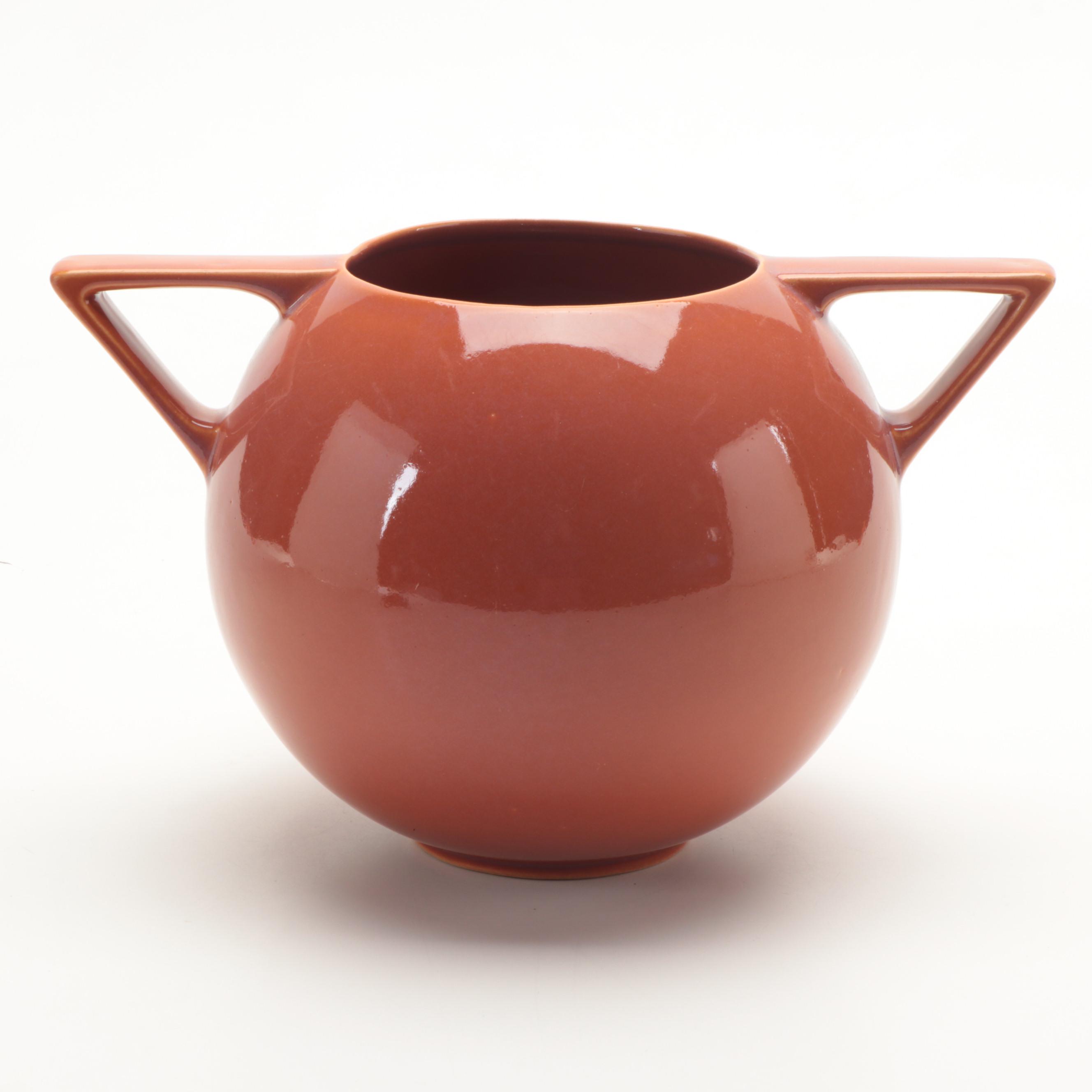 Roseville Pottery "Rozane" Burnt Orange Glazed Handled Sphere Vase, 1940s
