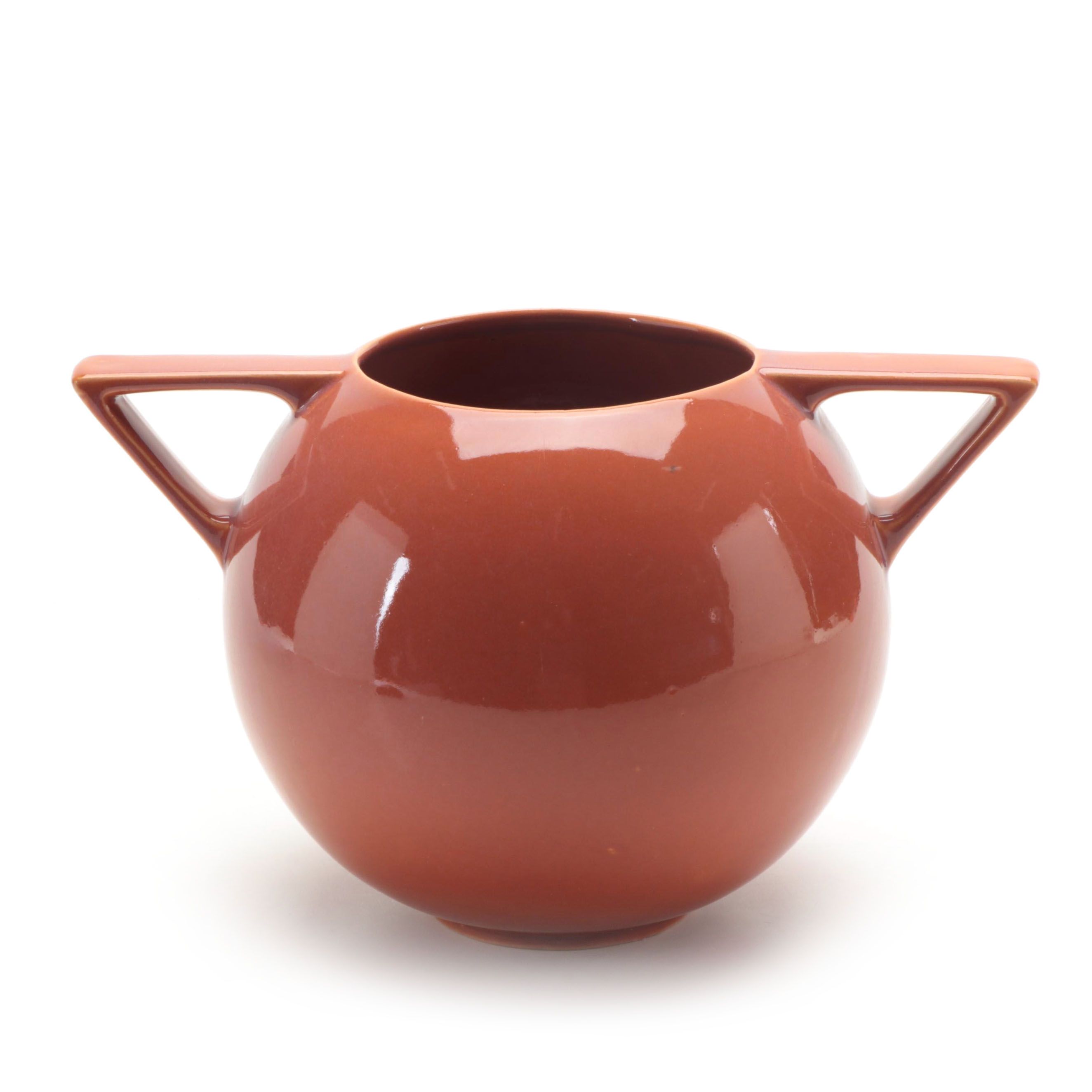 Roseville Pottery "Rozane" Burnt Orange Glazed Handled Sphere Vase, 1940s