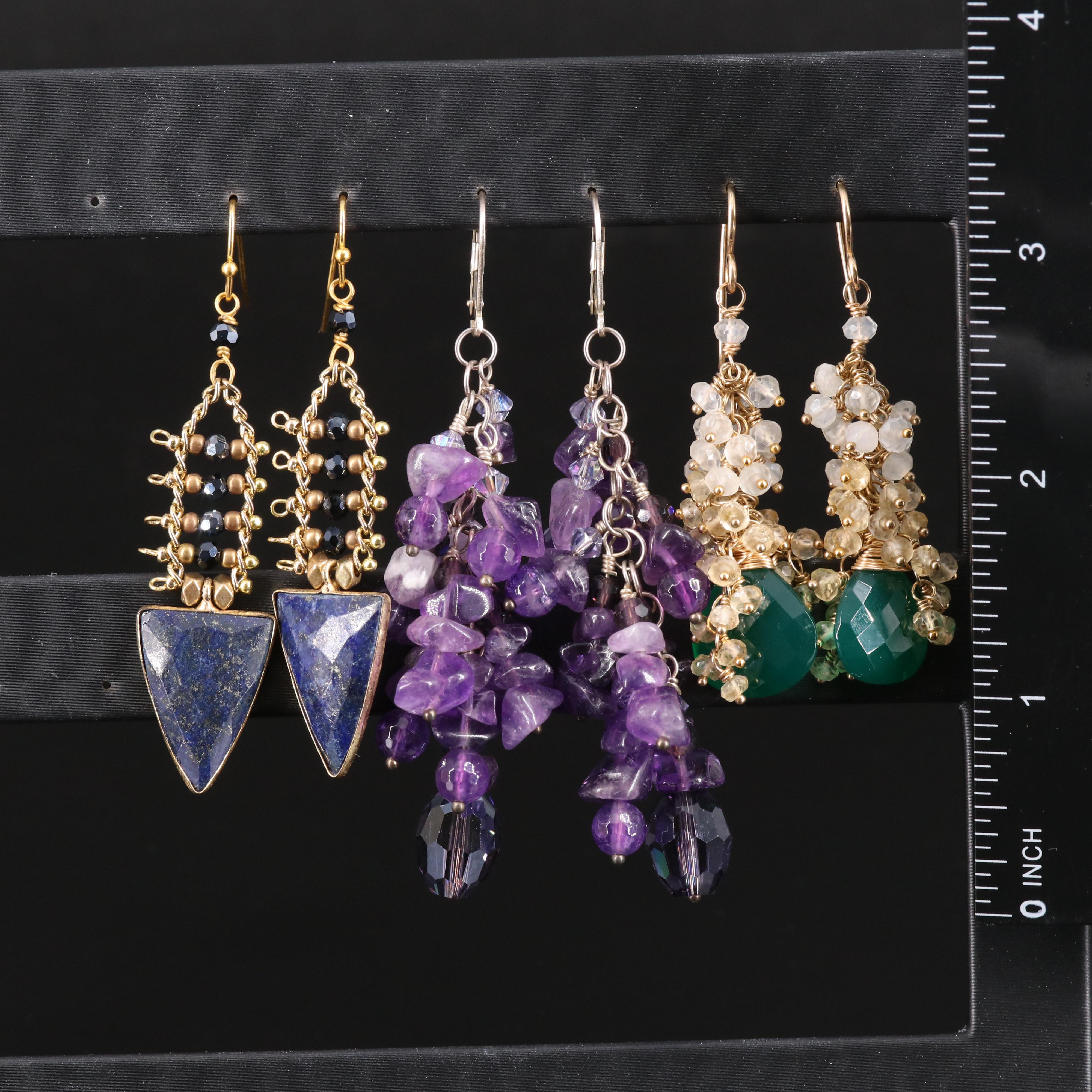 Amethyst, Lapis Lazuli and Chalcedony Drop Earrings Including Sterling