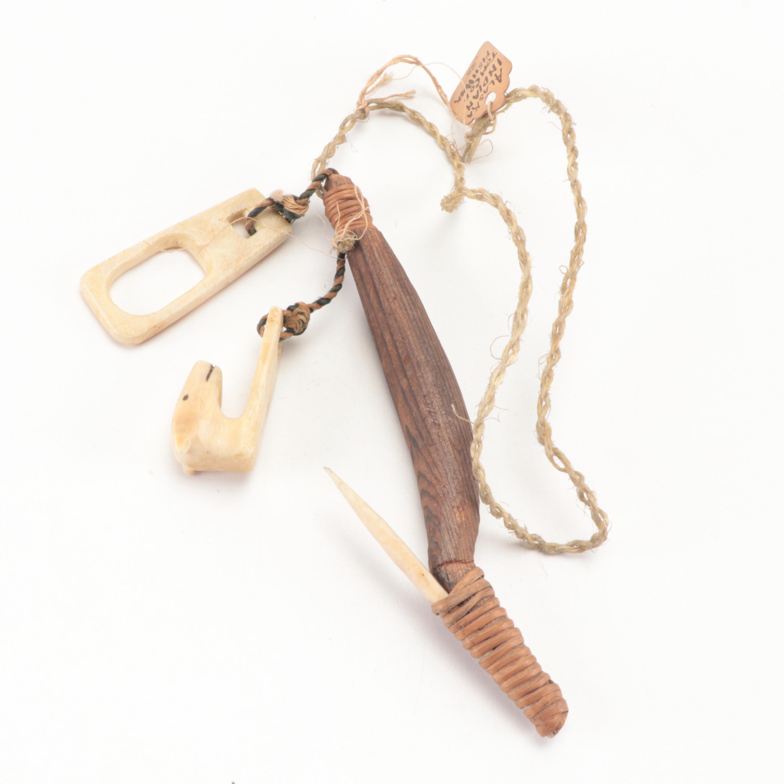 Native Alaskan Style Wood and Carved Bone Halibut Fish Hook and More