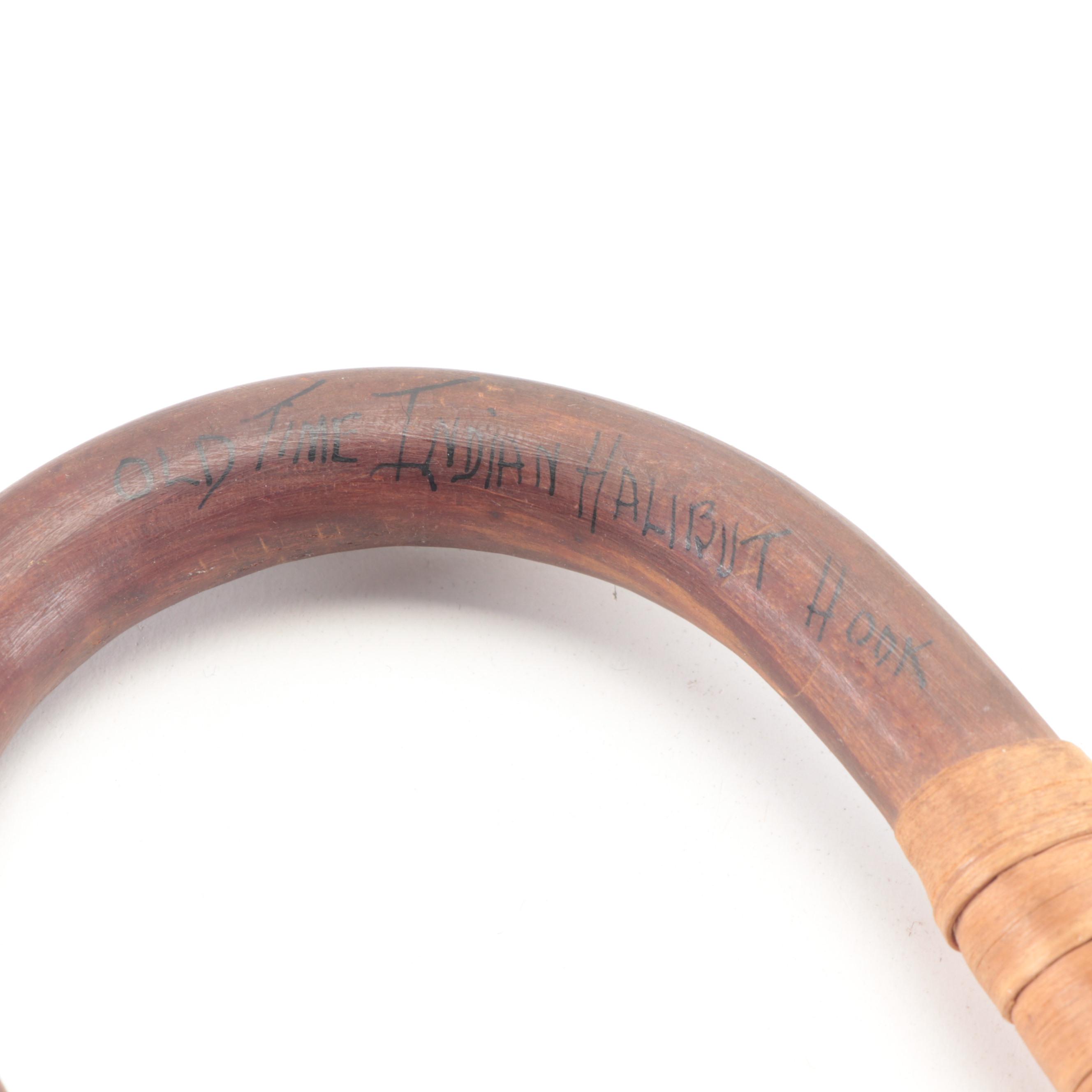 Native Alaskan Style Wood and Carved Bone Halibut Fish Hook and More