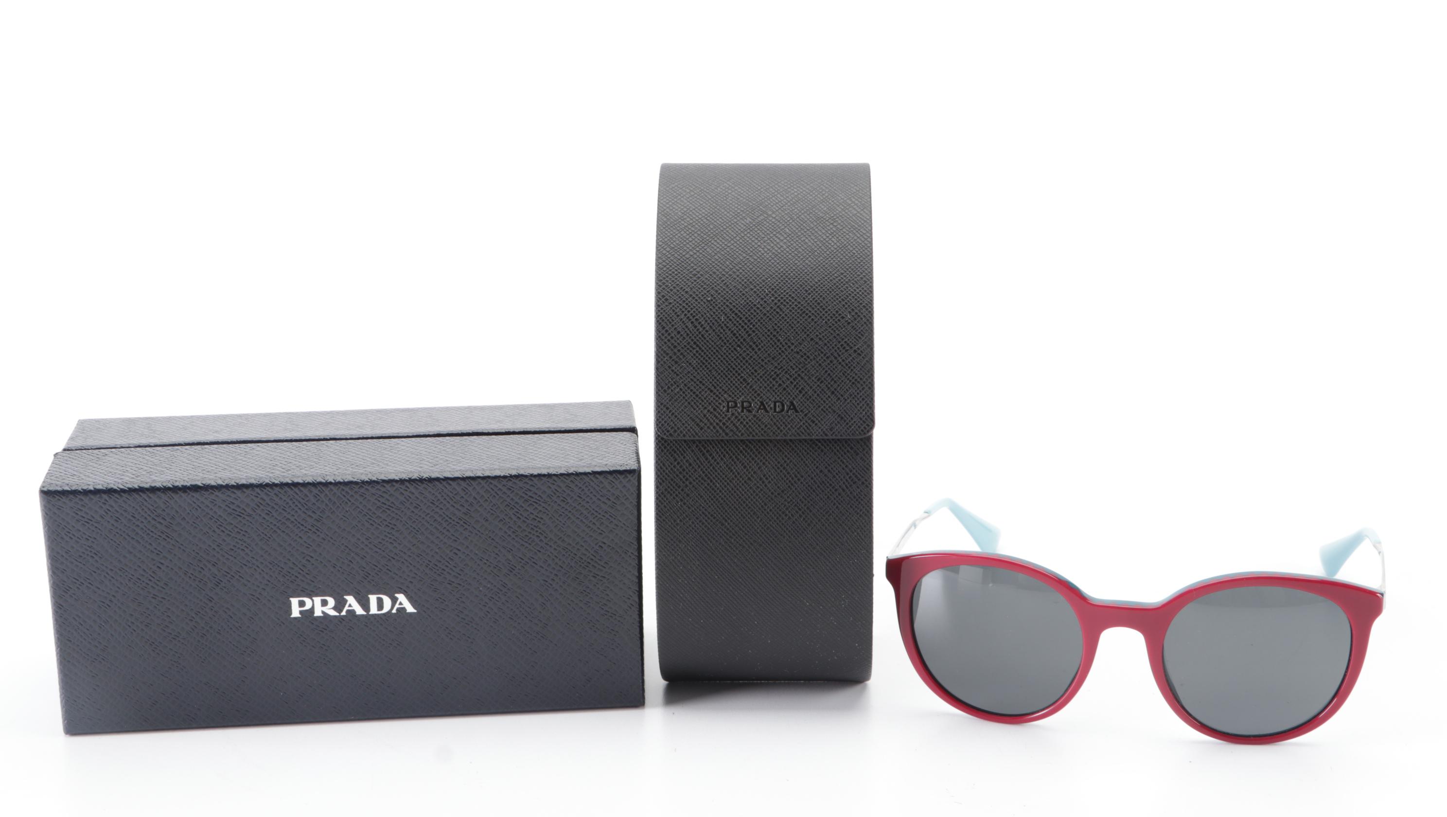 Prada SPR17S Horn-Rim Bicolor Red/Teal Sunglasses with Box and Case