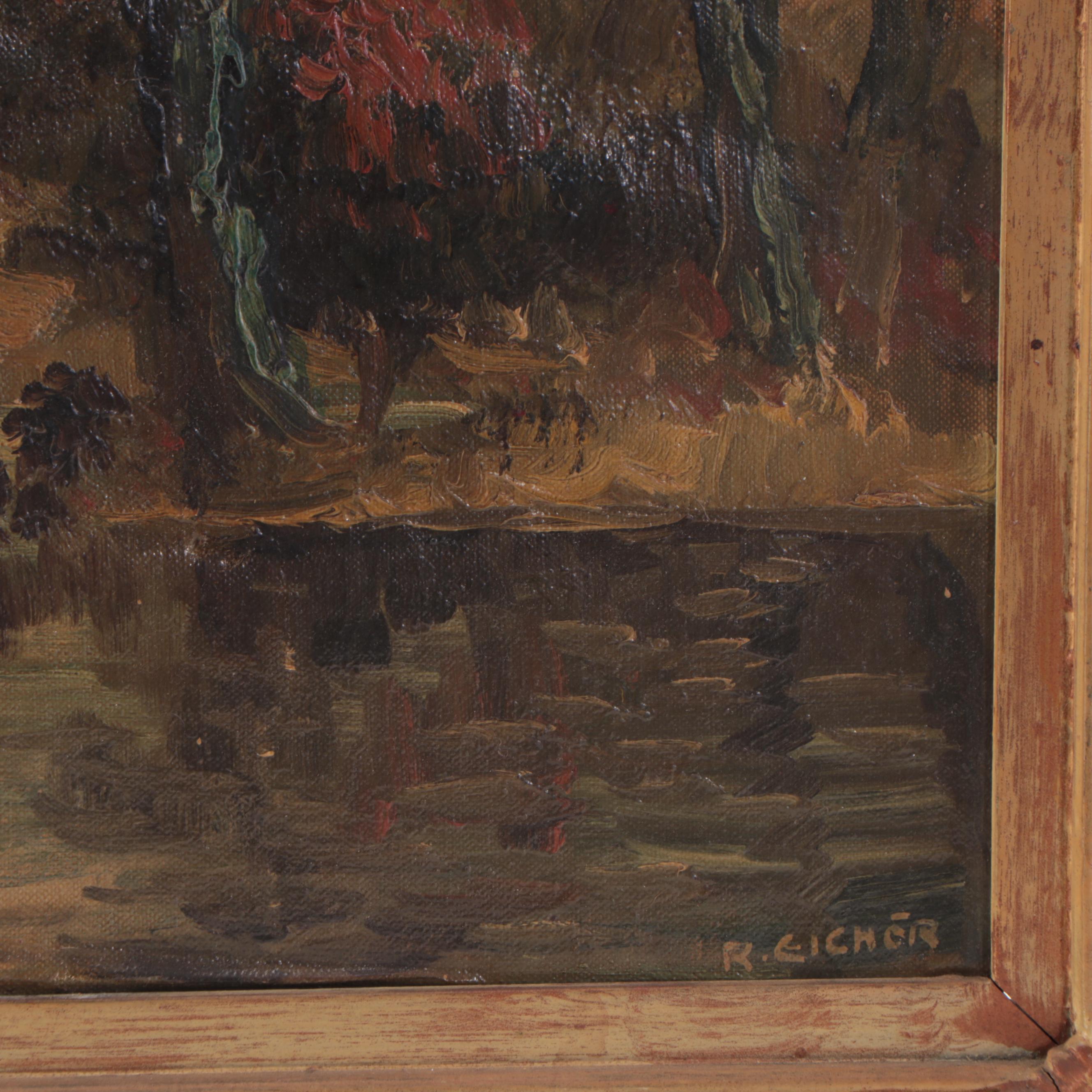 Rudolph Eicher Pond Landscape Oil Painting, Circa 1940