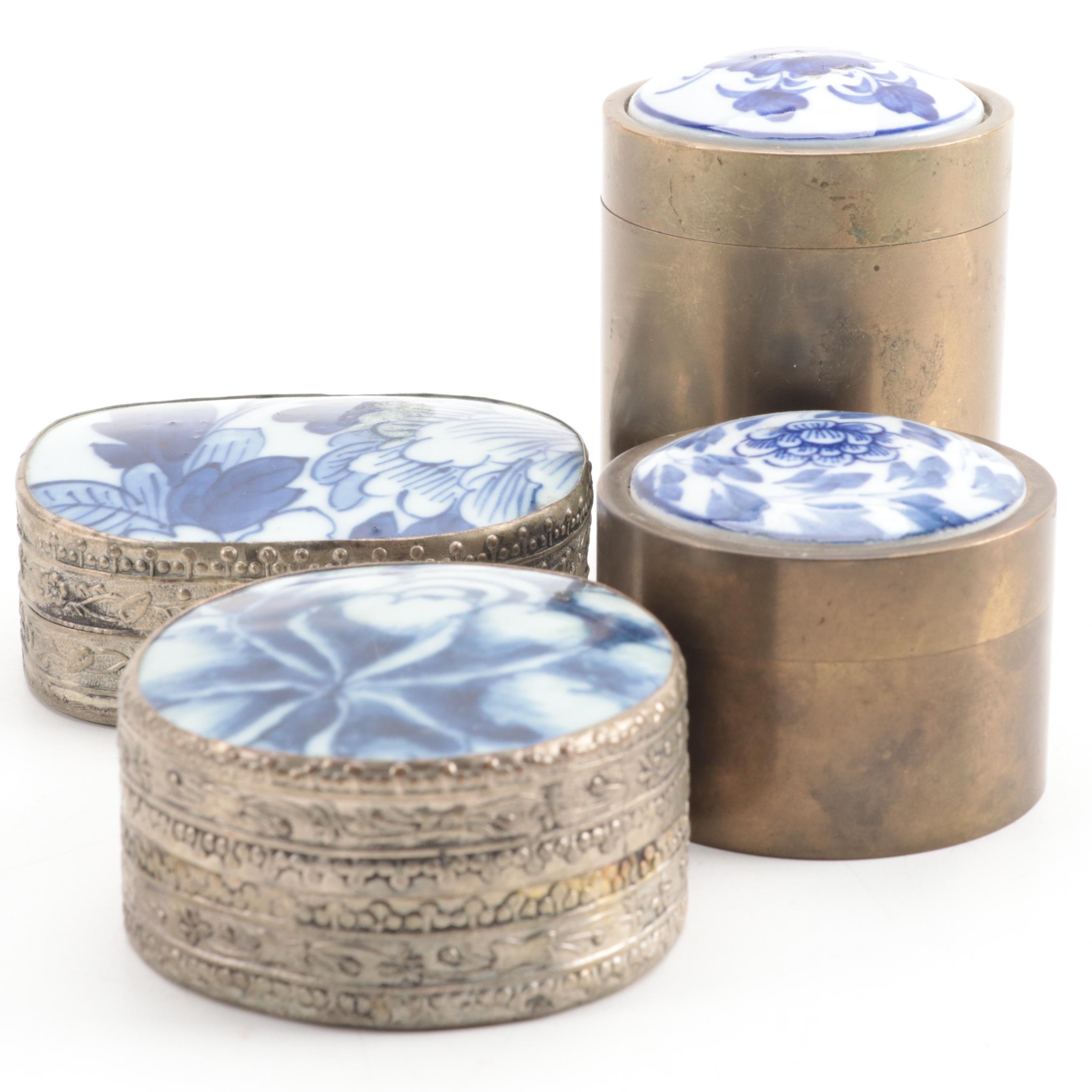 Chinese Blue and White Porcelain Lidded Metal Shard Boxes