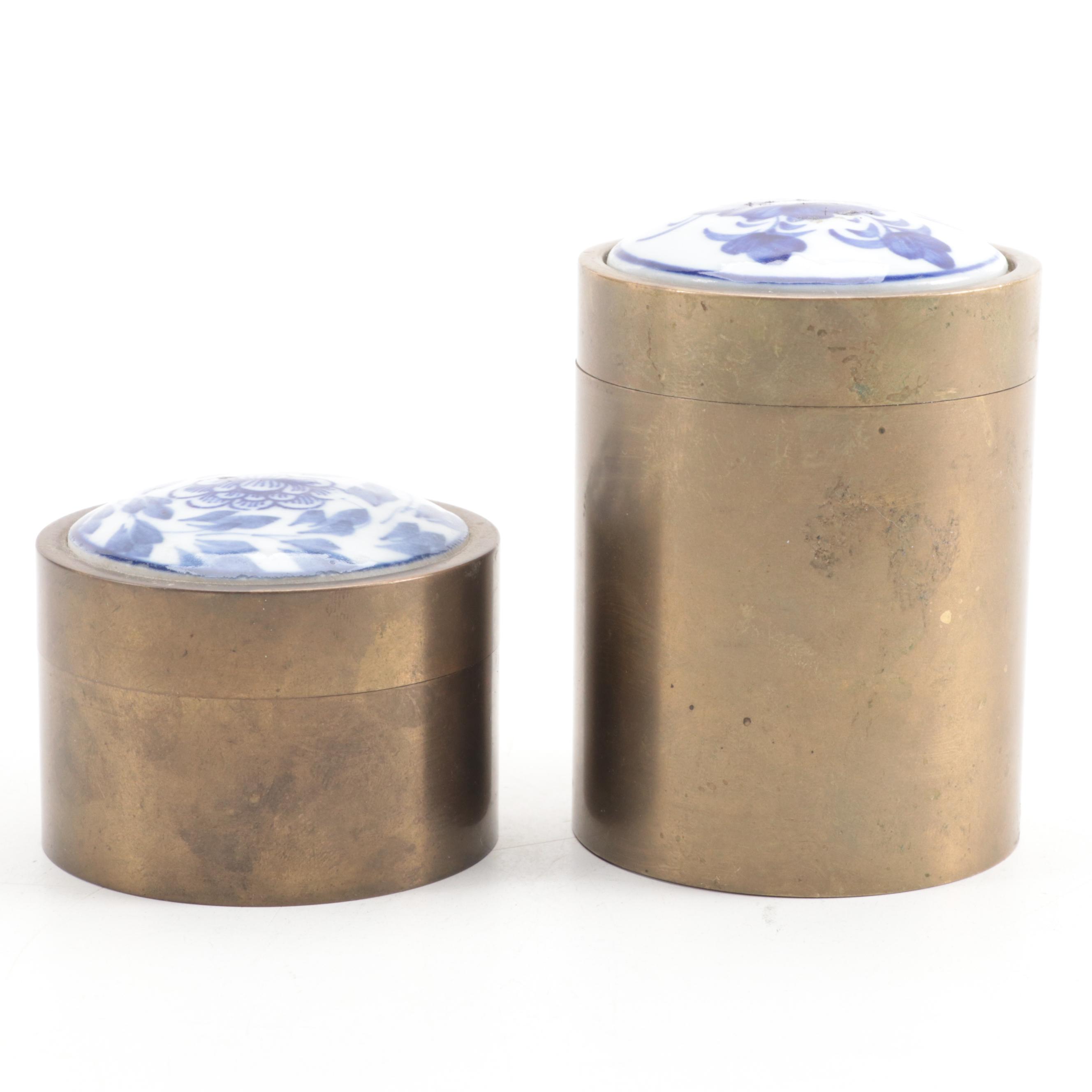 Chinese Blue and White Porcelain Lidded Metal Shard Boxes