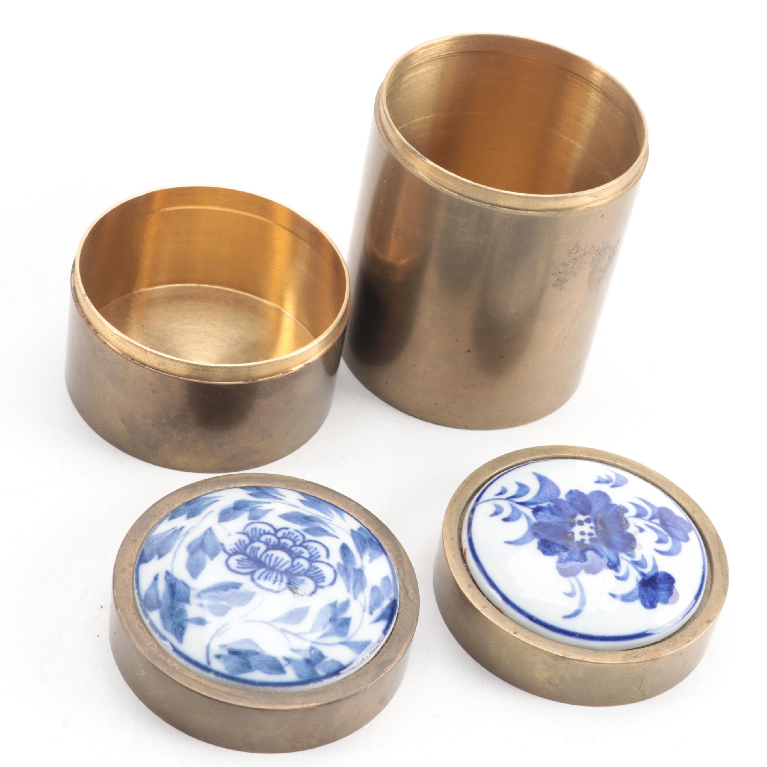 Chinese Blue and White Porcelain Lidded Metal Shard Boxes