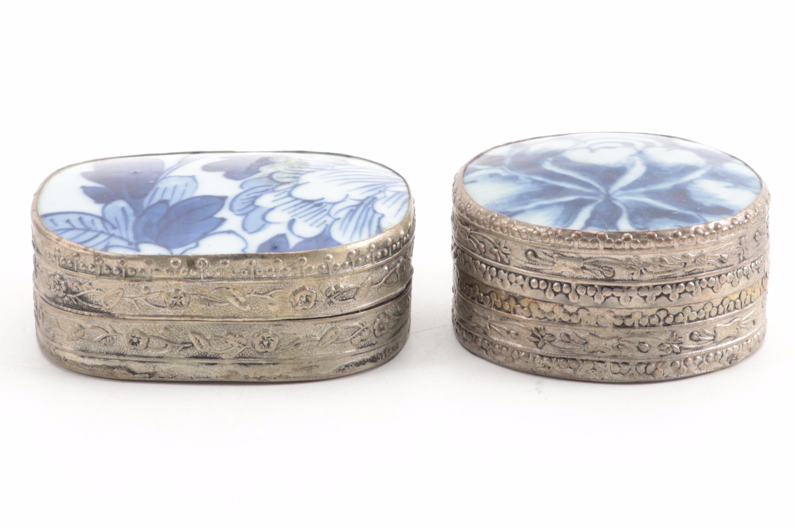 Chinese Blue and White Porcelain Lidded Metal Shard Boxes