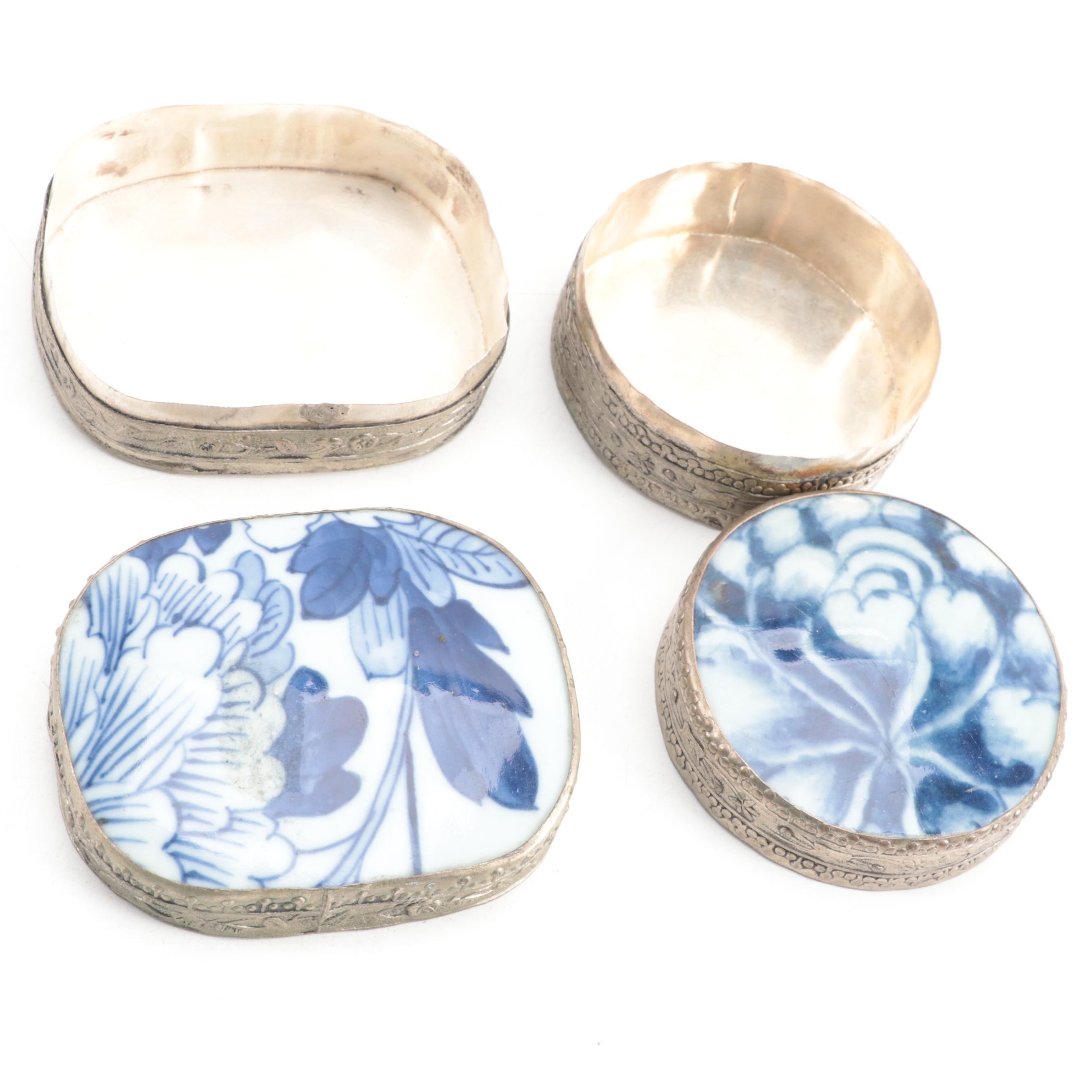 Chinese Blue and White Porcelain Lidded Metal Shard Boxes