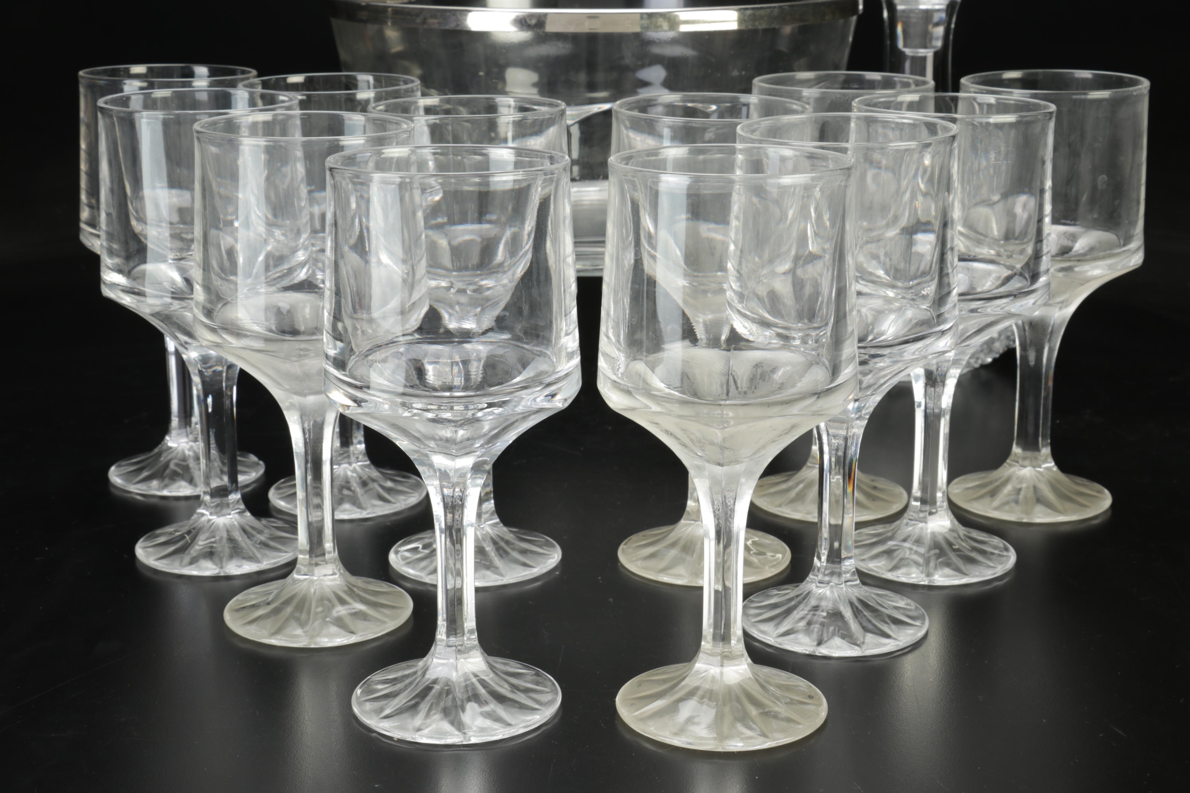 Pressed Glass Wine Glasses, Silver Rim Bowl and Decanter