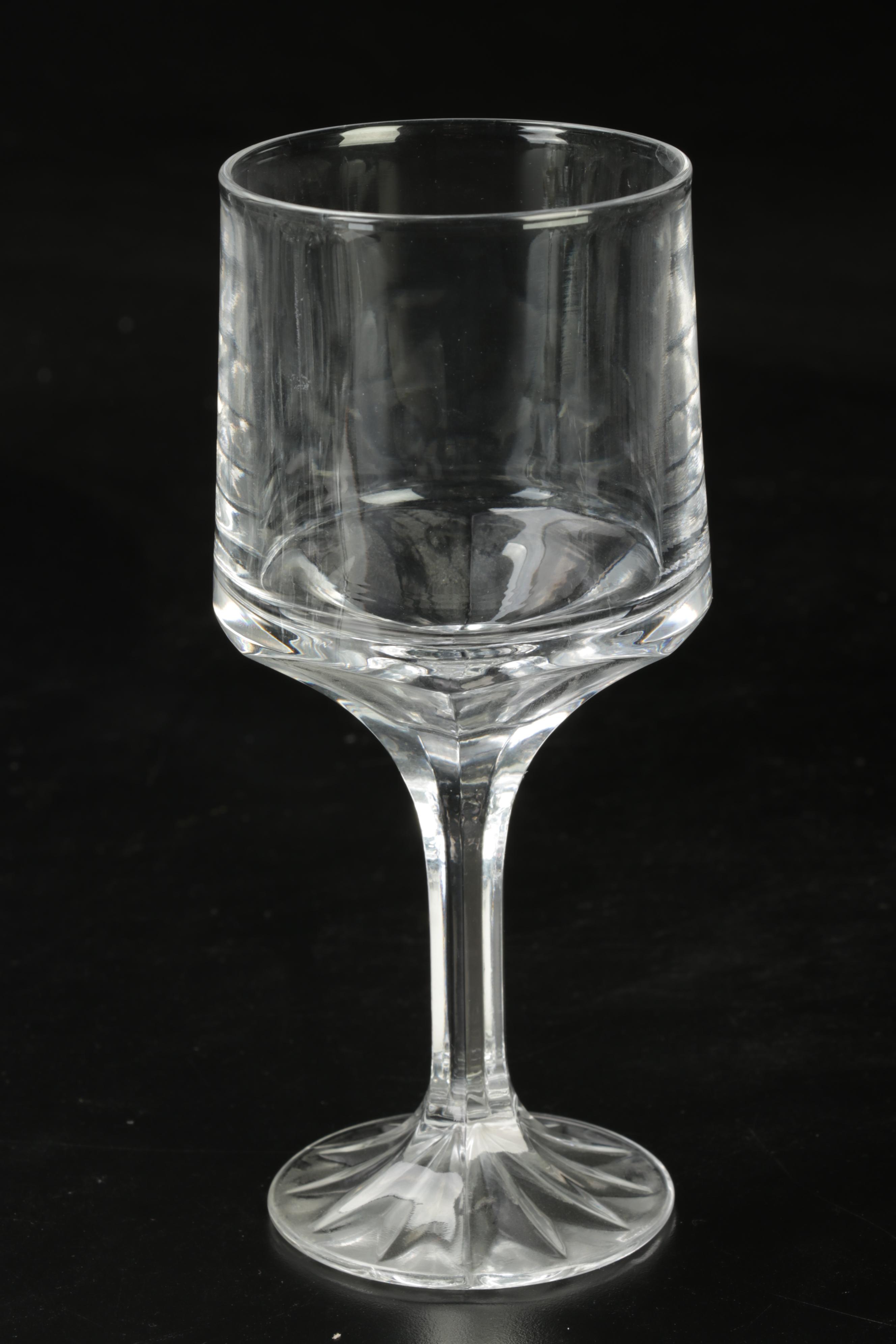 Pressed Glass Wine Glasses, Silver Rim Bowl and Decanter