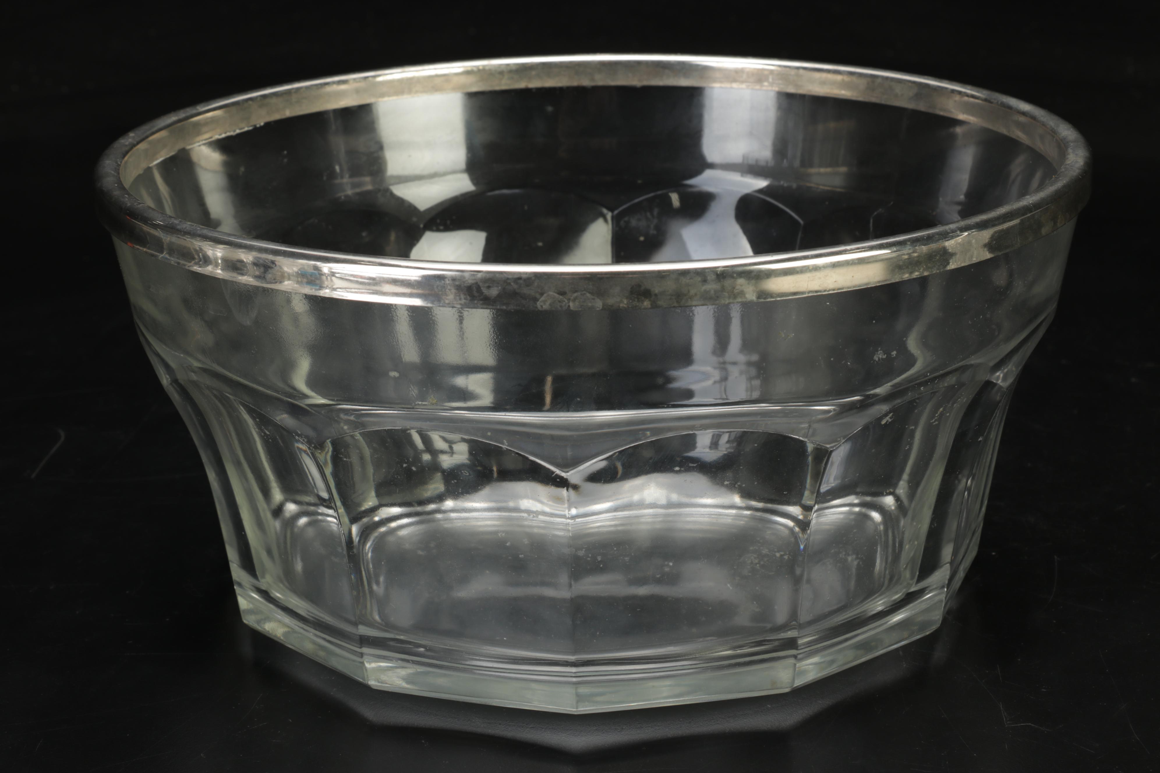 Pressed Glass Wine Glasses, Silver Rim Bowl and Decanter