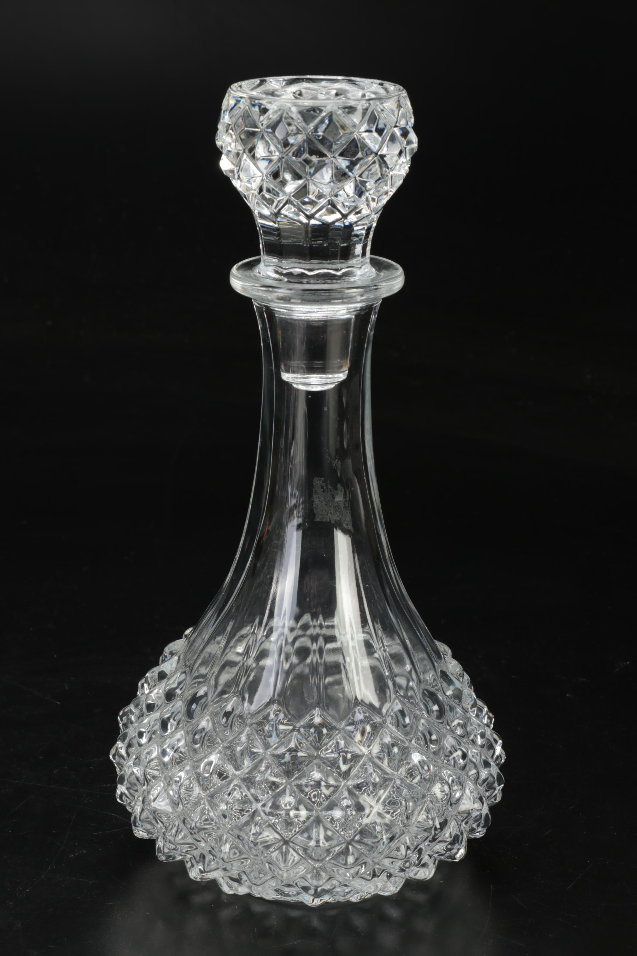 Pressed Glass Wine Glasses, Silver Rim Bowl and Decanter