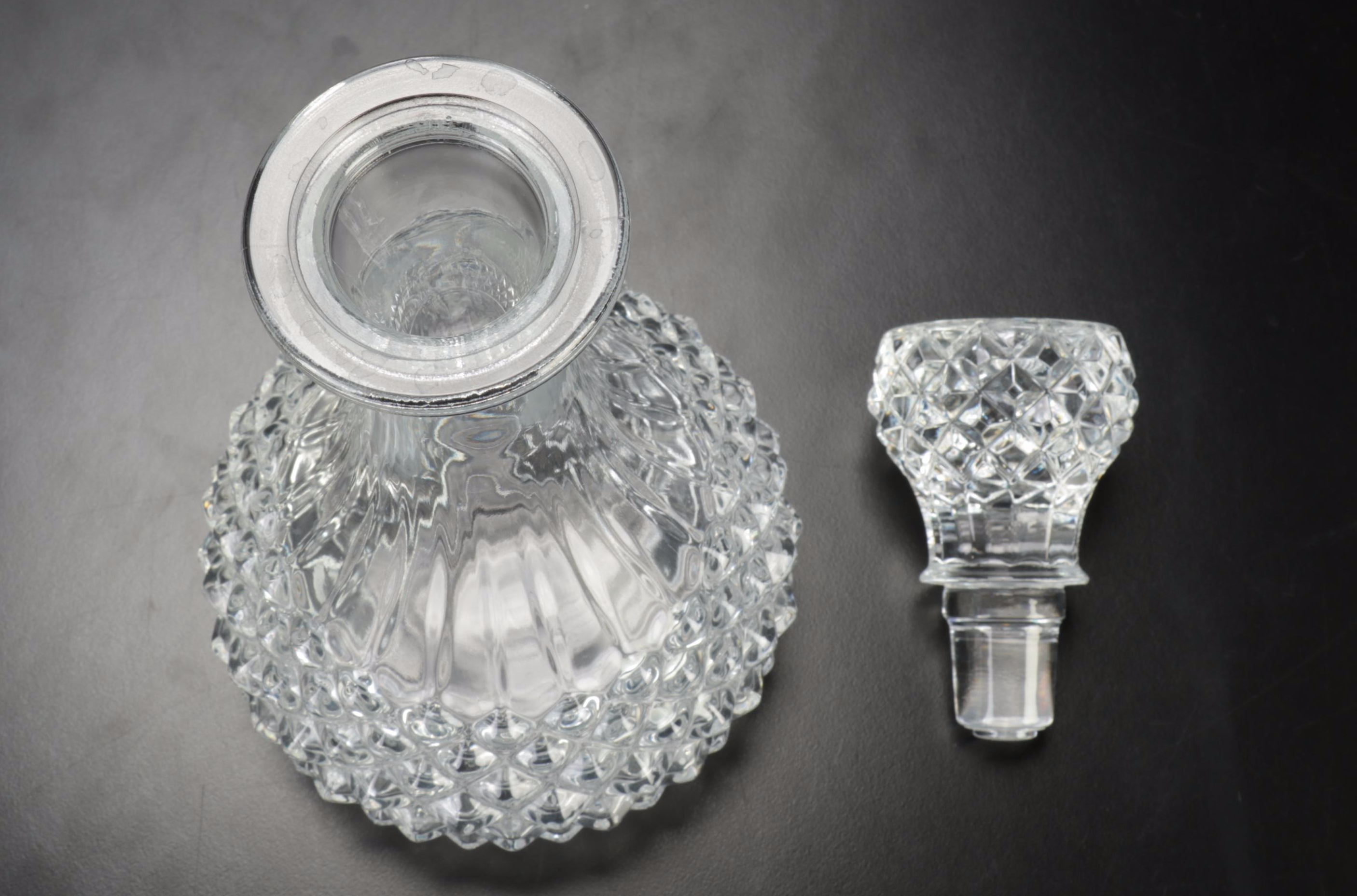 Pressed Glass Wine Glasses, Silver Rim Bowl and Decanter