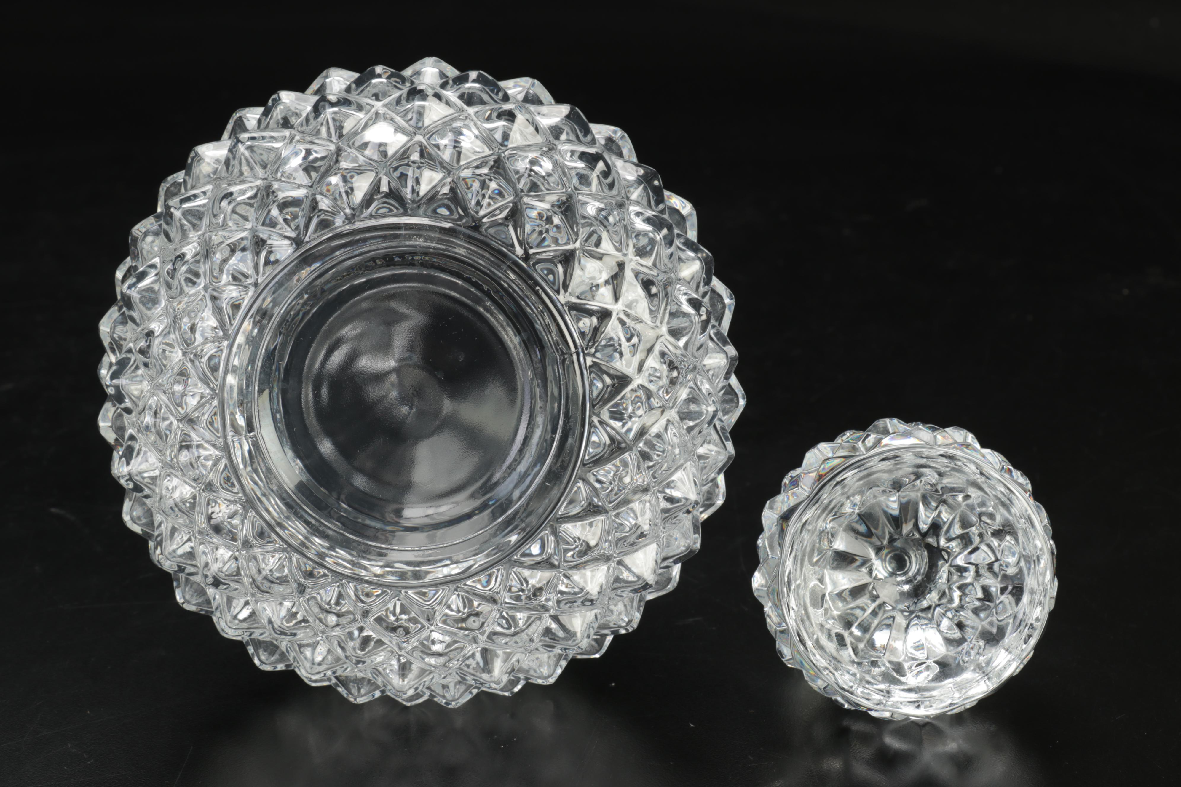 Pressed Glass Wine Glasses, Silver Rim Bowl and Decanter