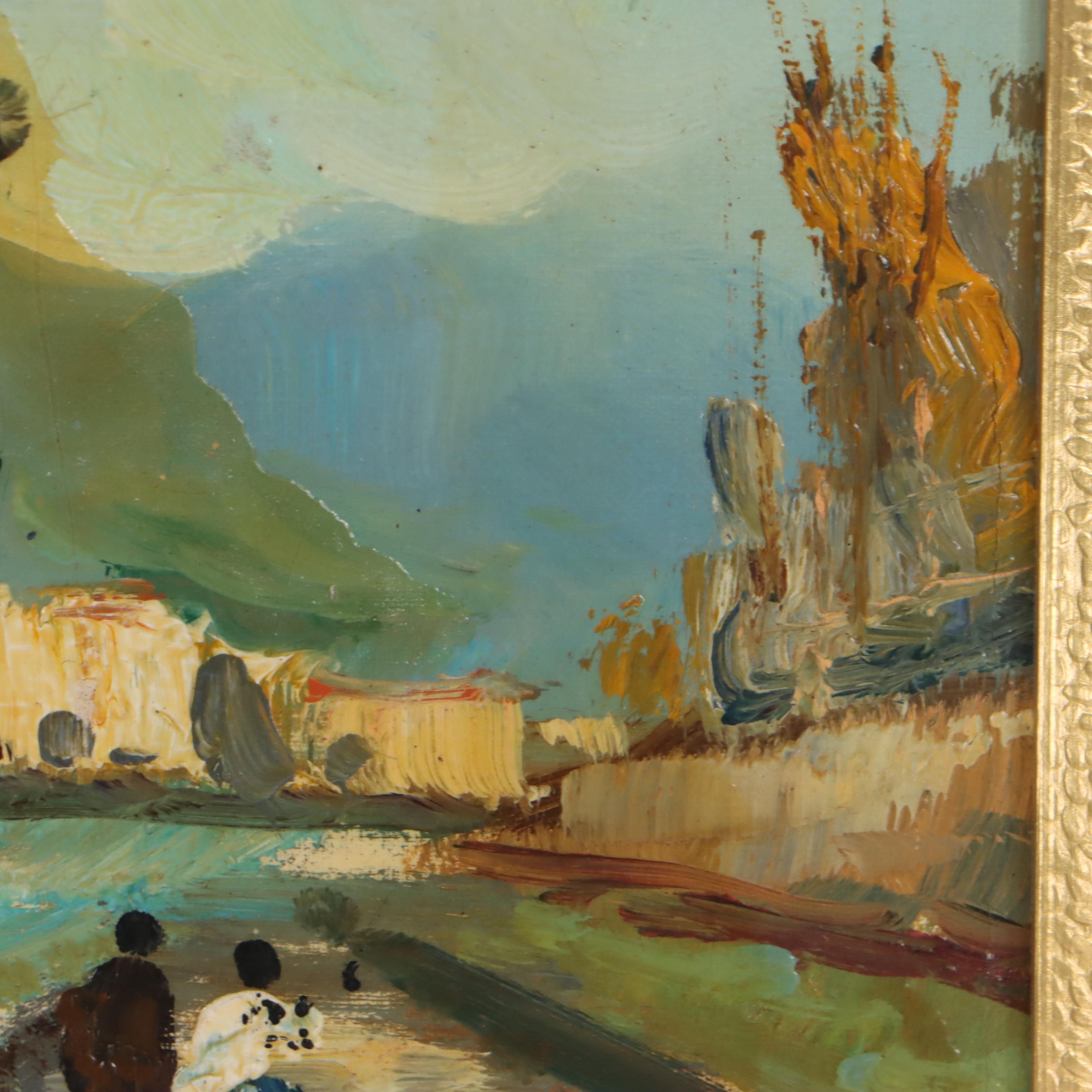 Oil Painting of Two Figures Walking Along Road