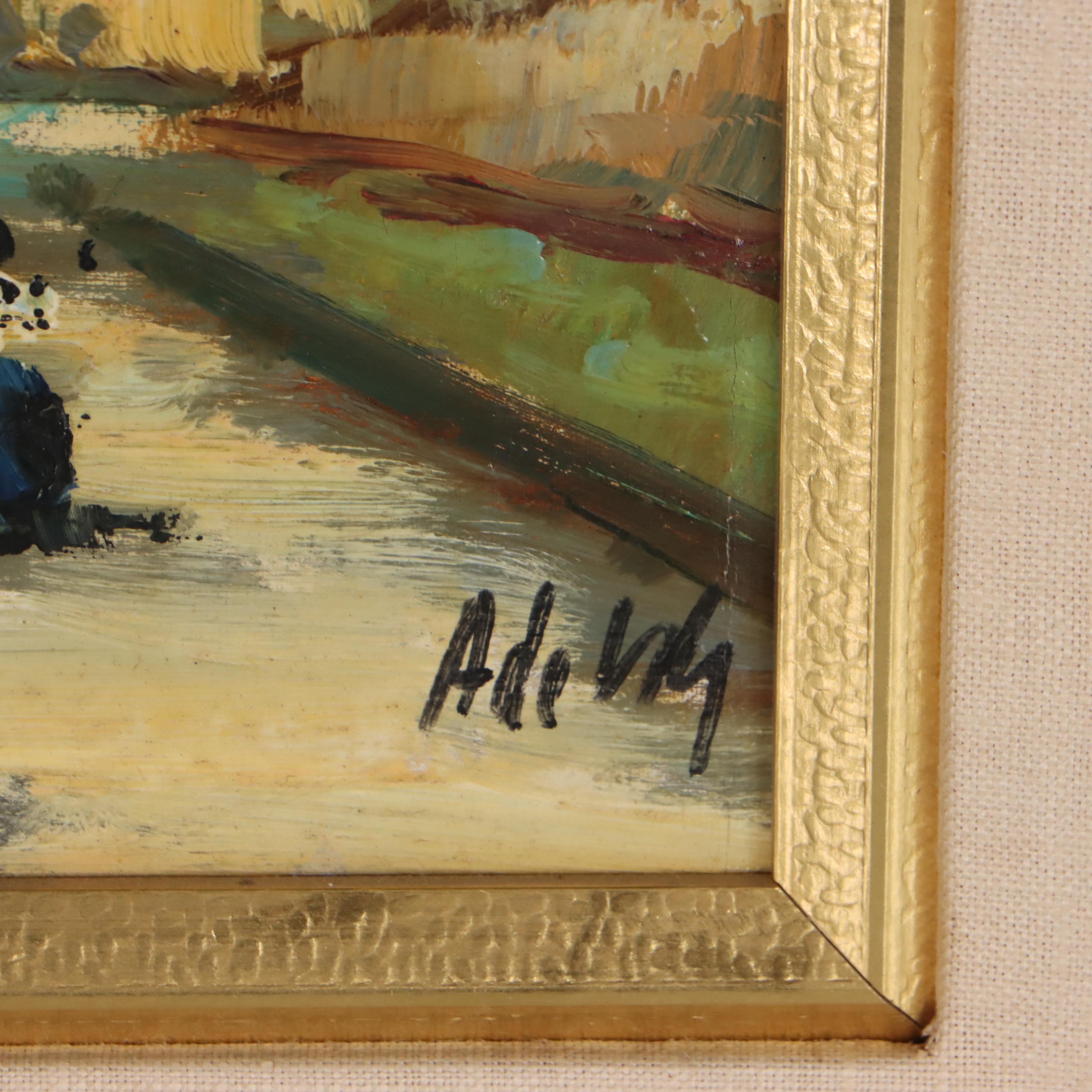 Oil Painting of Two Figures Walking Along Road