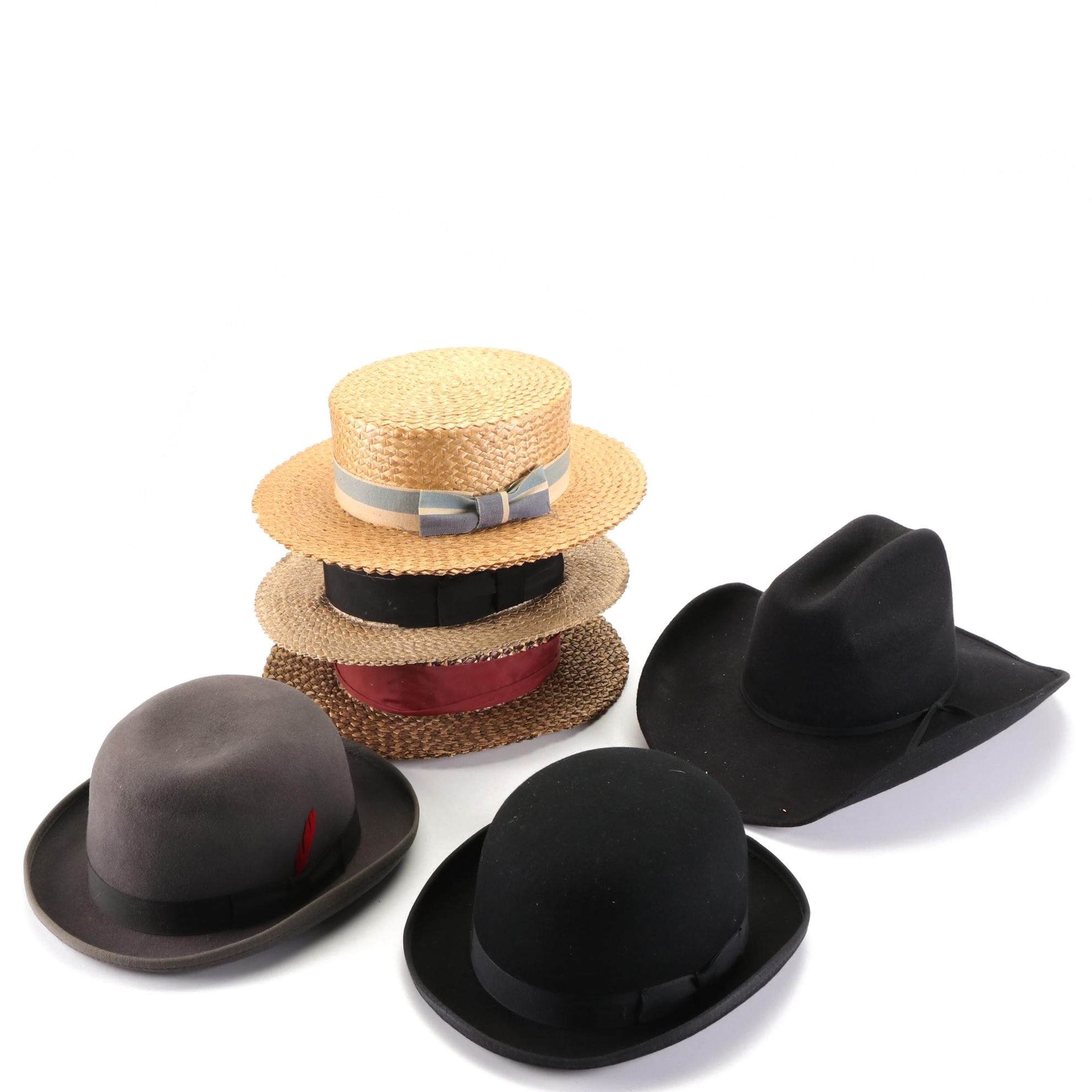 Straw Boaters with Wool Felt Bowler and Western Hats