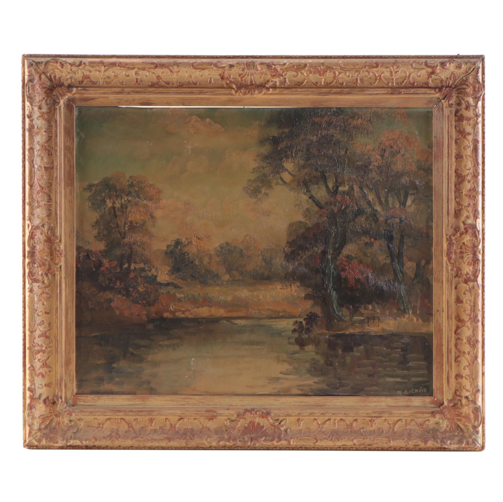 Rudolph Eicher Pond Landscape Oil Painting, Circa 1940