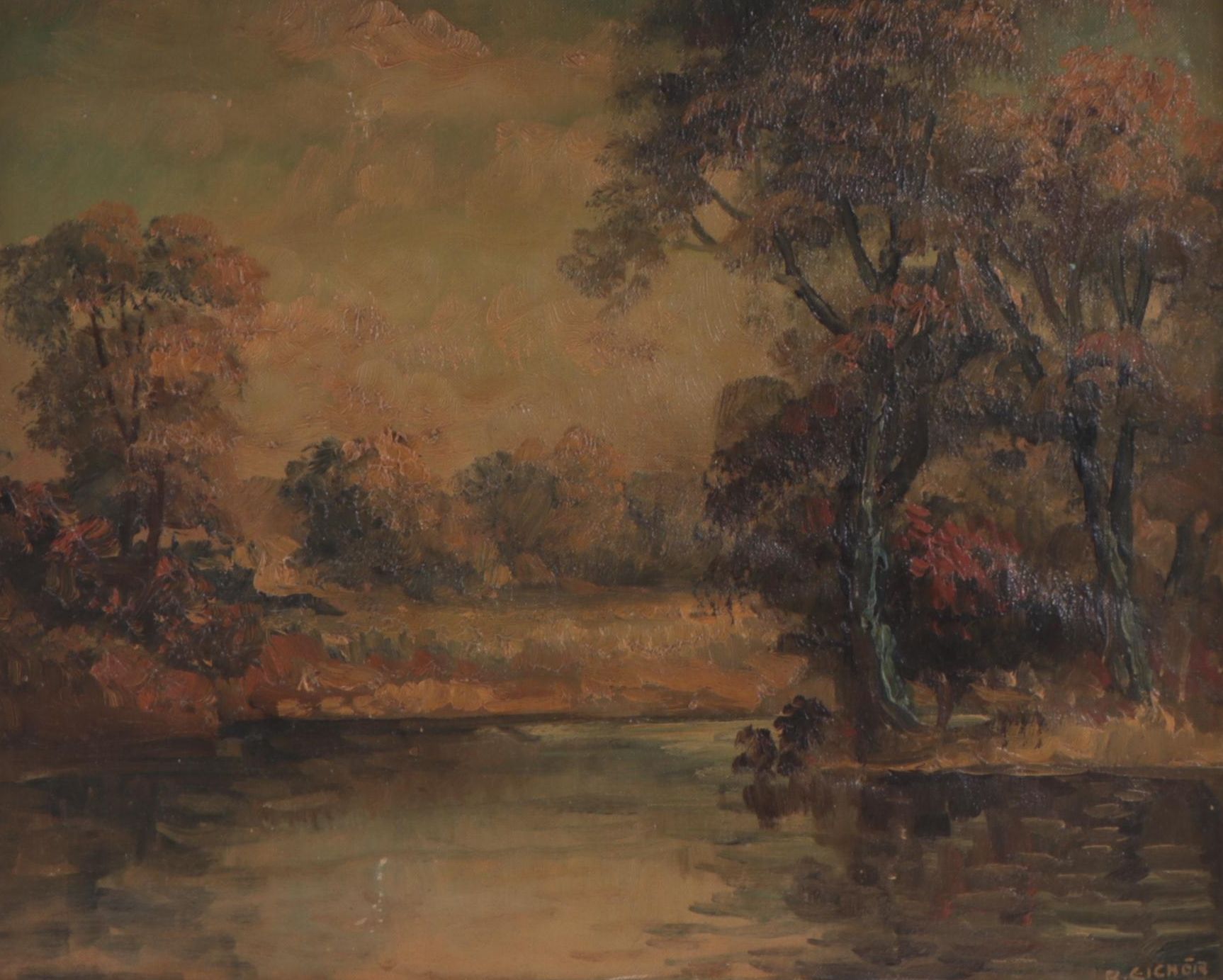Rudolph Eicher Pond Landscape Oil Painting, Circa 1940